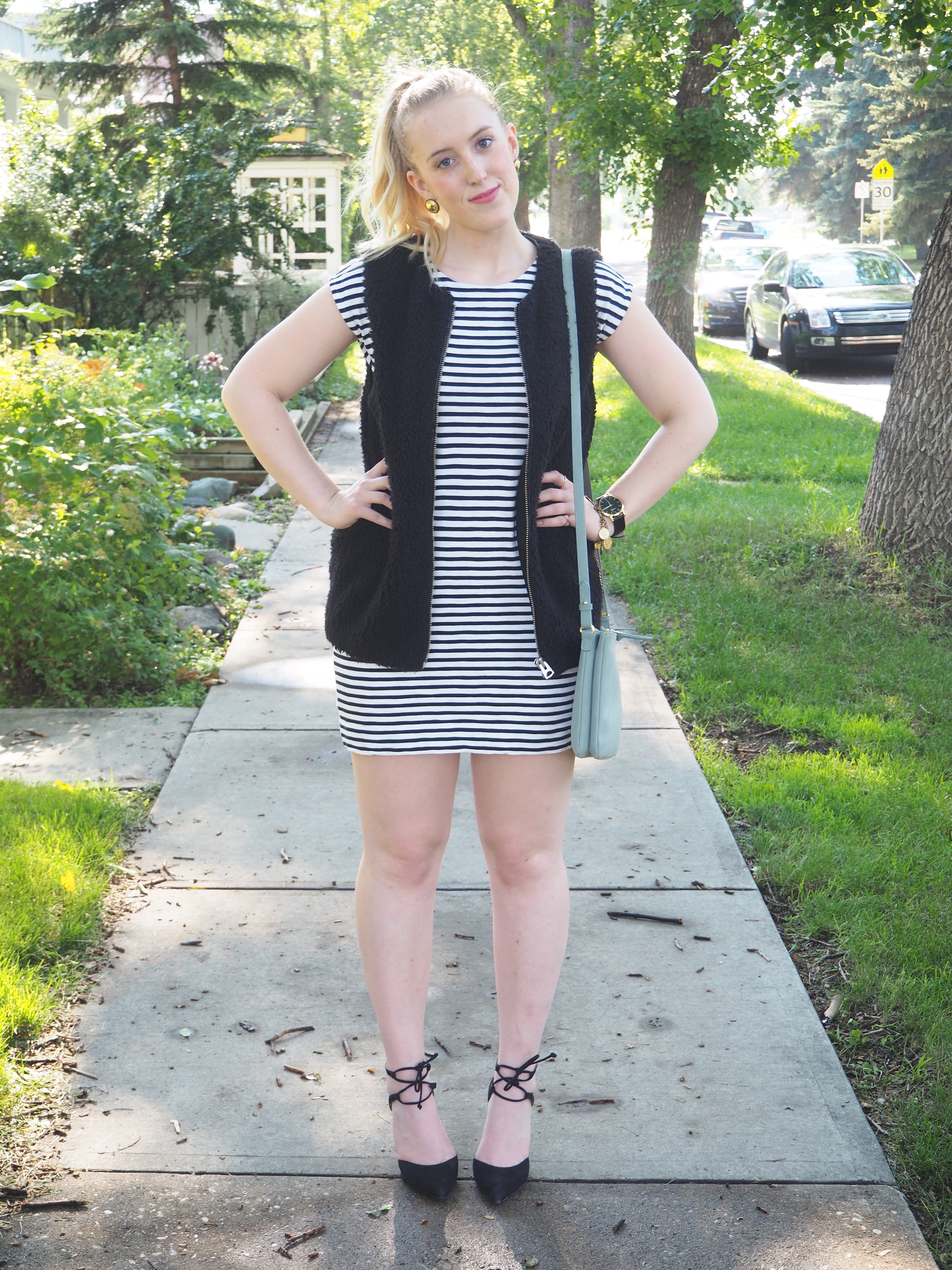 Striped Dress - Strung in Gold Madewell Dress, Steve Madden Heels, Aritzia Vest, Old Navy Bag