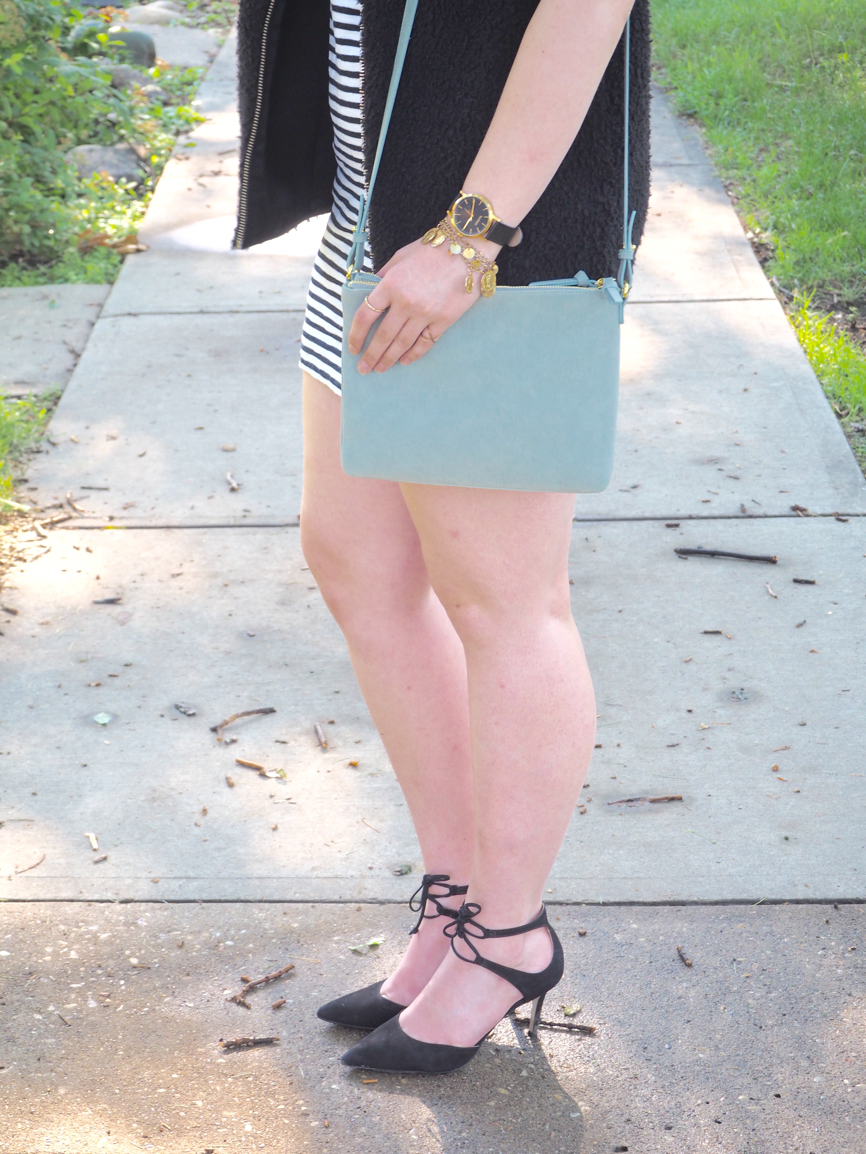 Striped Dress - Strung in Gold Madewell Dress, Steve Madden Heels, Aritzia Vest, Old Navy Bag