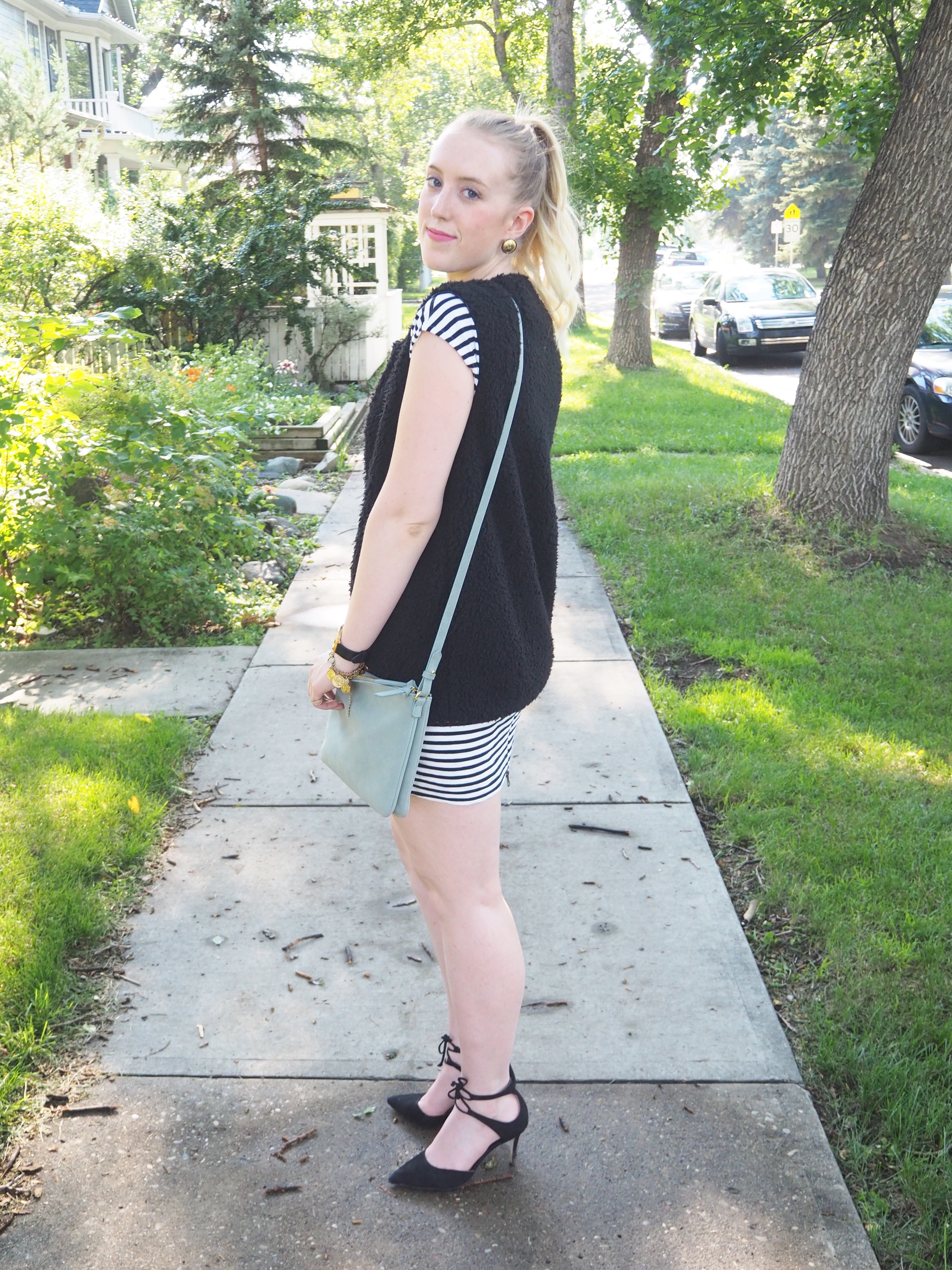 Striped Dress - Strung in Gold Madewell Dress, Steve Madden Heels, Aritzia Vest, Old Navy Bag