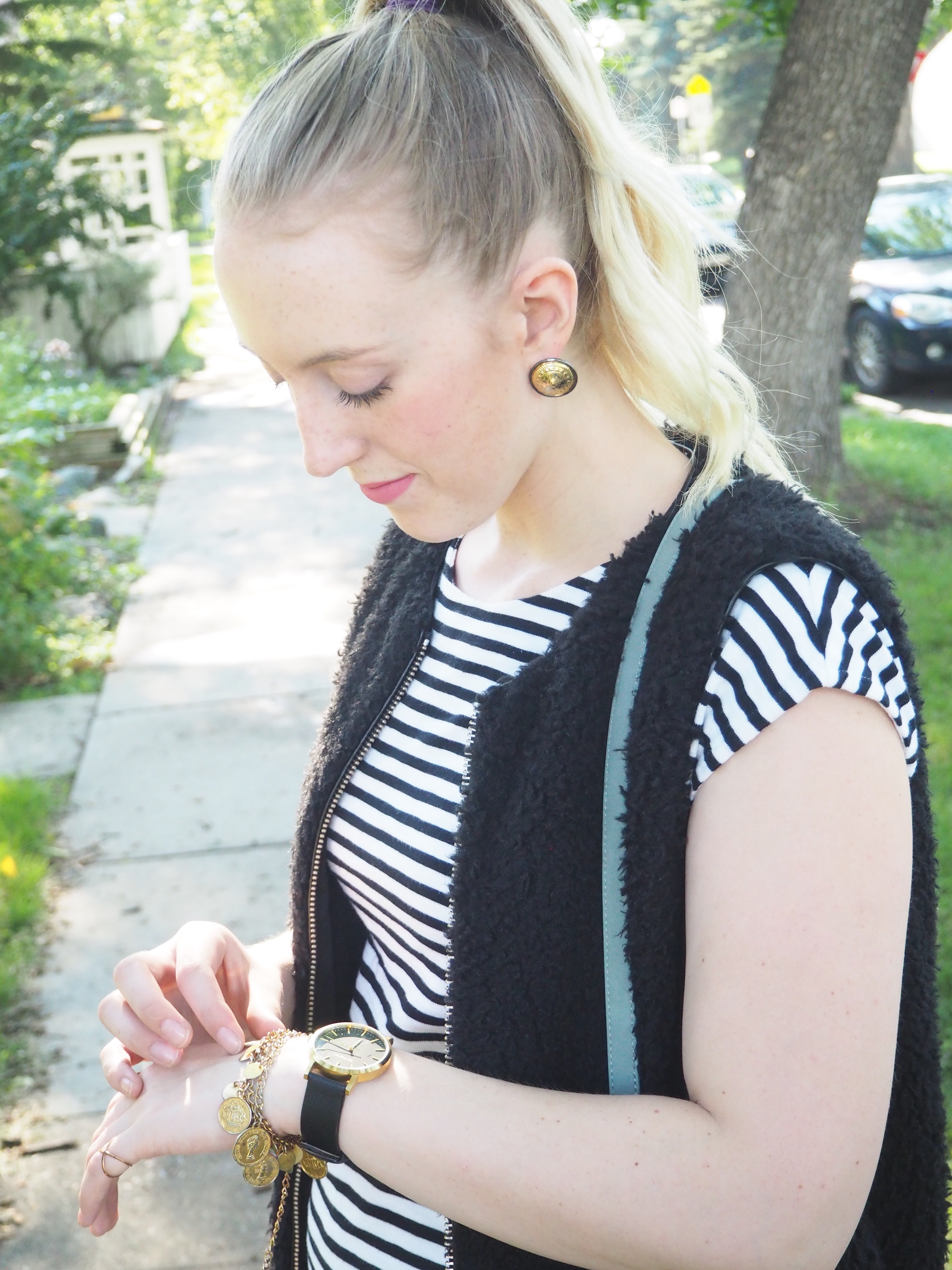 Striped Dress - Strung in Gold Madewell Dress, Steve Madden Heels, Aritzia Vest, Old Navy Bag