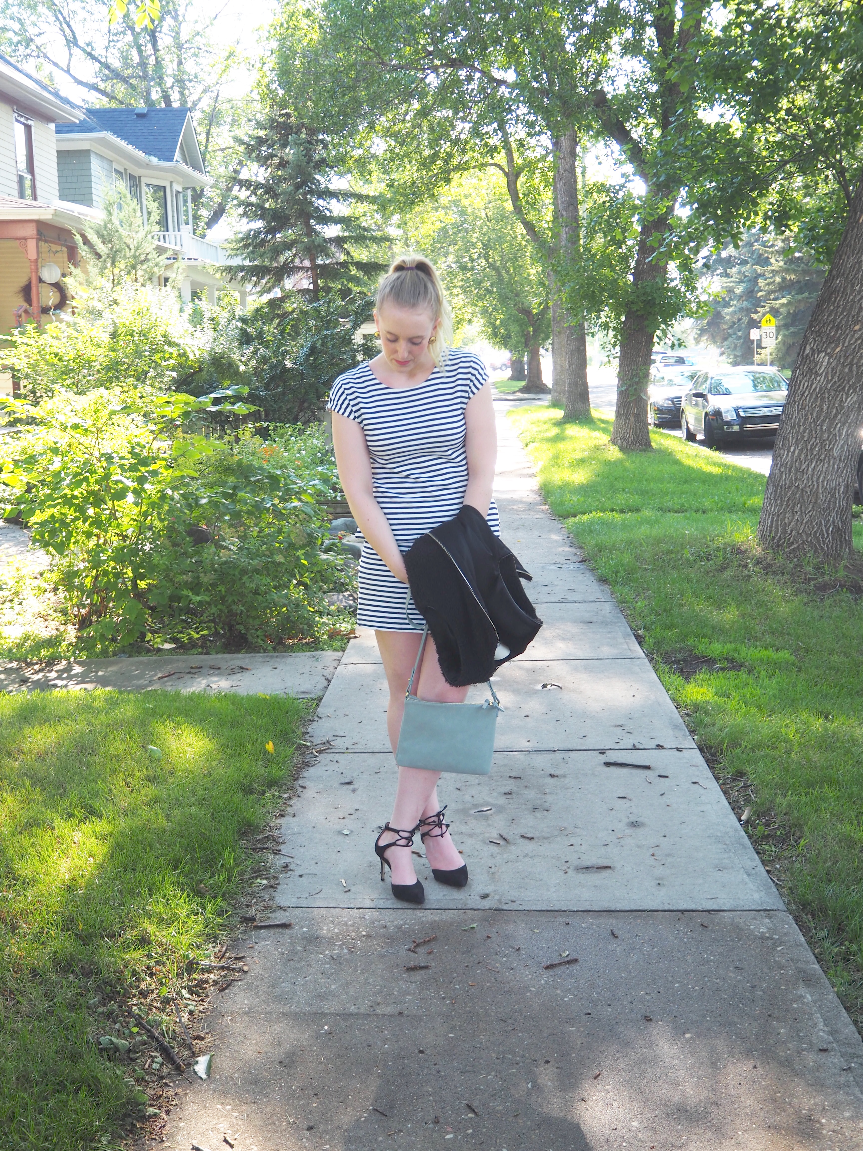 Striped Dress - Strung in Gold Madewell Dress, Steve Madden Heels, Aritzia Vest, Old Navy Bag