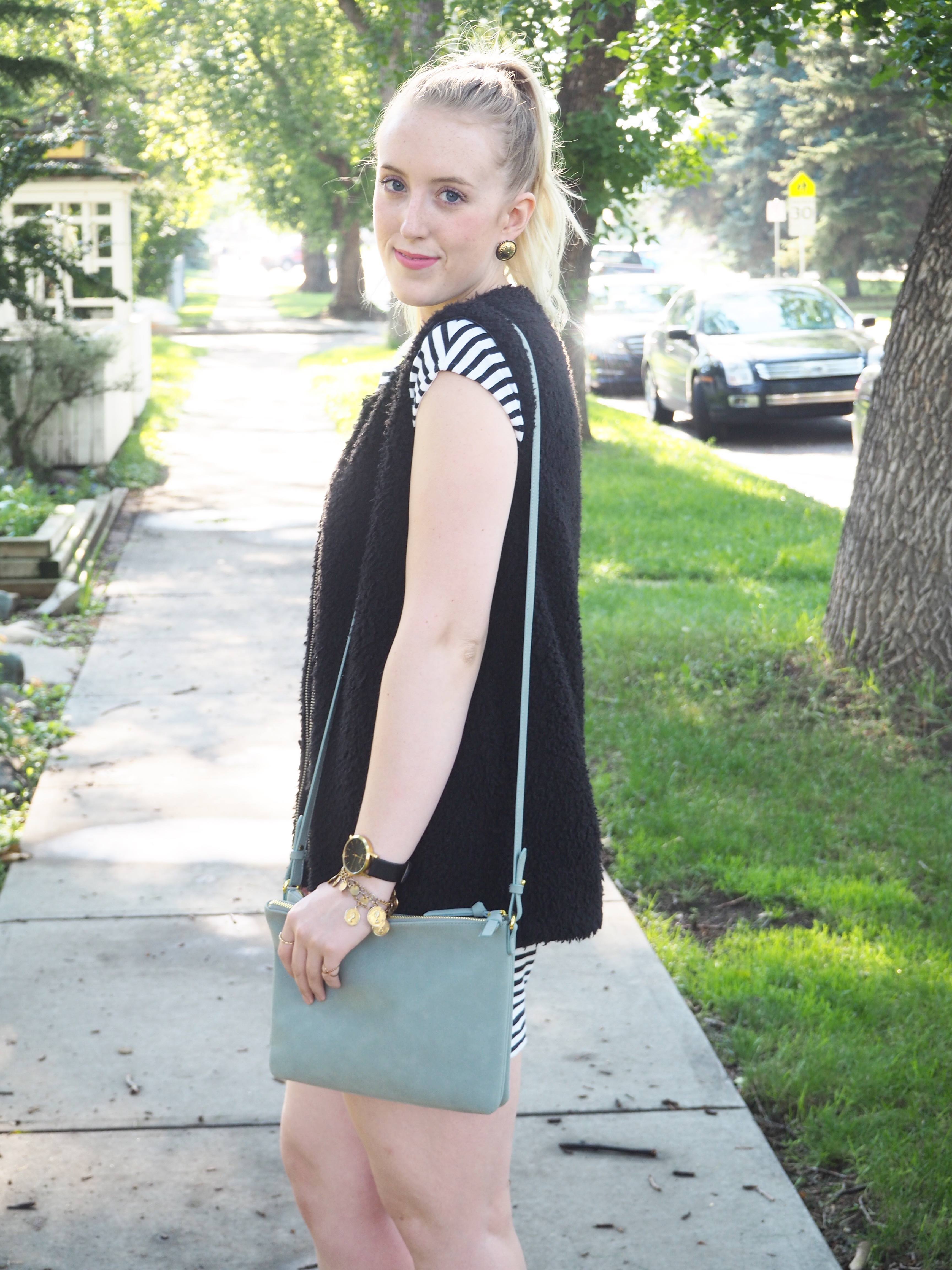 Striped Dress - Strung in Gold Madewell Dress, Steve Madden Heels, Aritzia Vest, Old Navy Bag