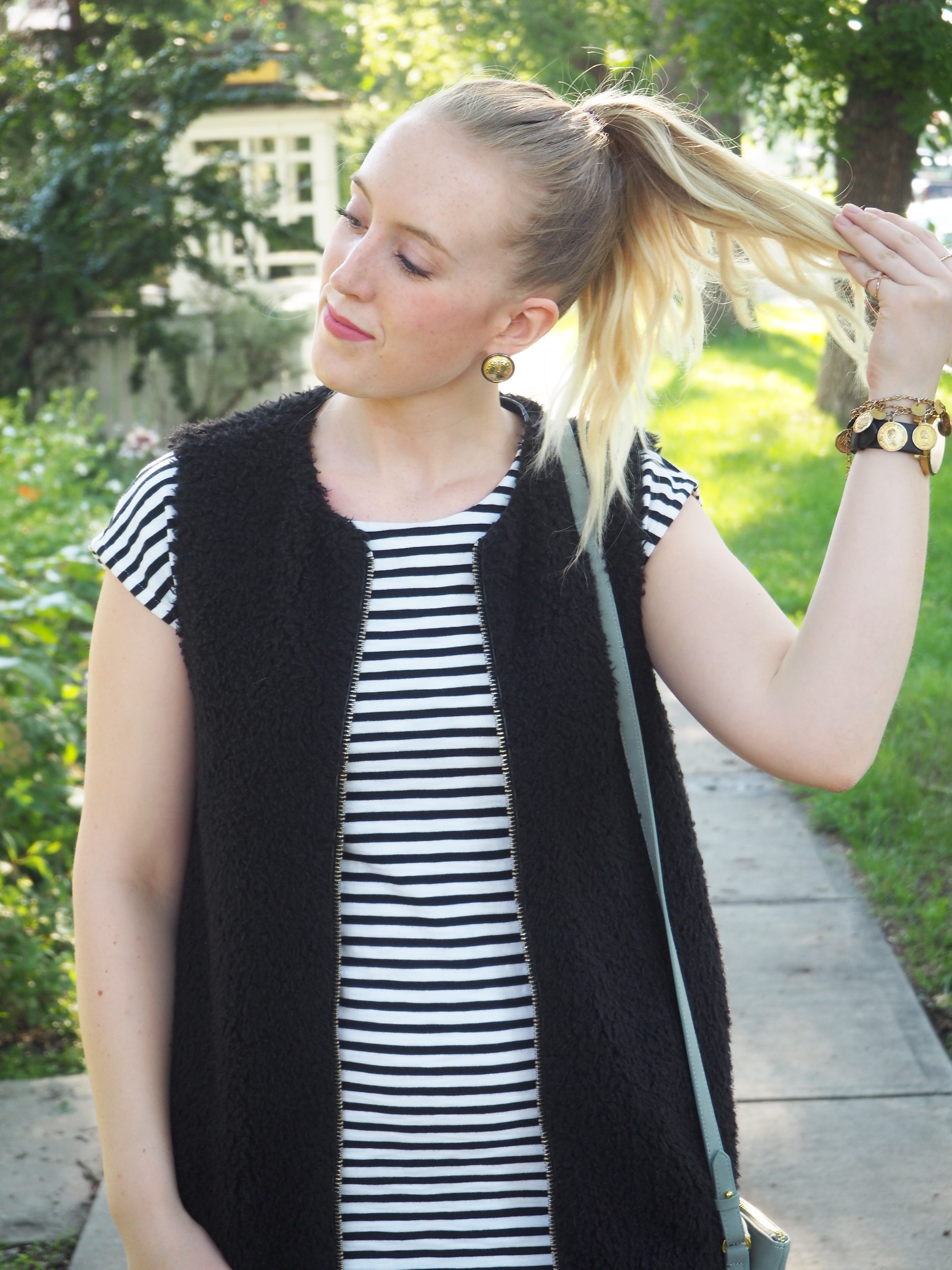 Striped Dress - Strung in Gold Madewell Dress, Steve Madden Heels, Aritzia Vest, Old Navy Bag