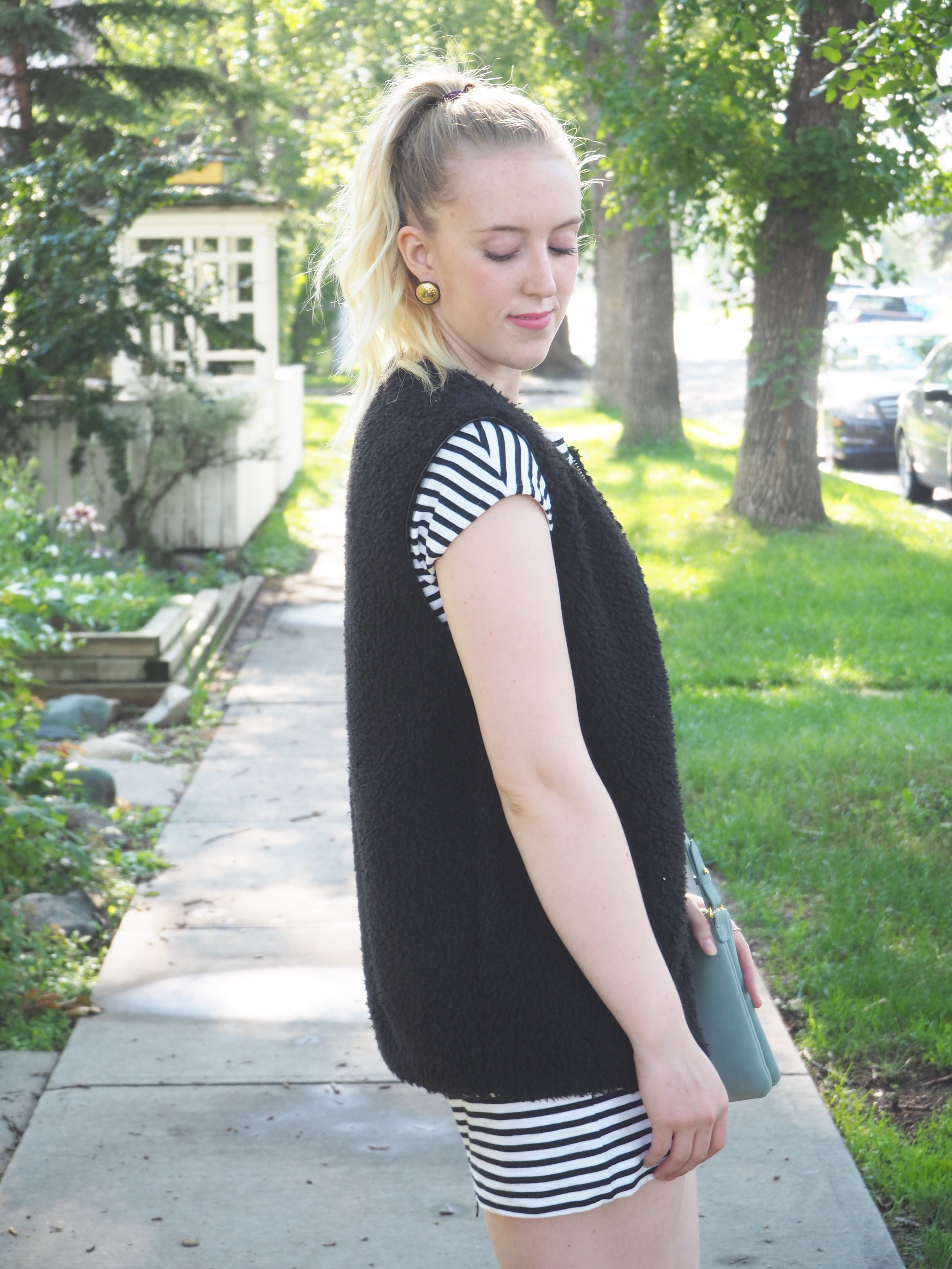 Striped Dress - Strung in Gold Madewell Dress, Steve Madden Heels, Aritzia Vest, Old Navy Bag