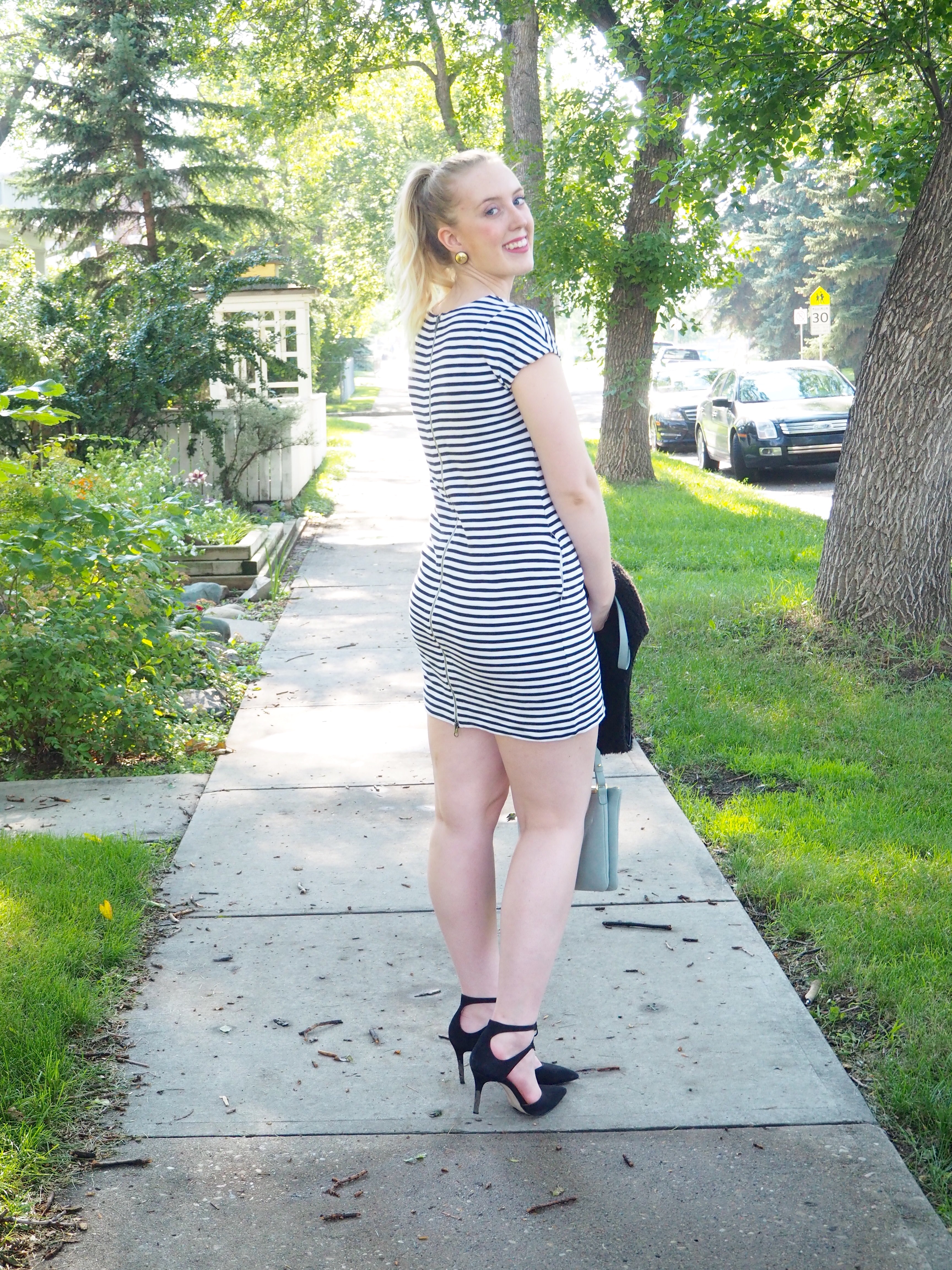 Striped Dress - Strung in Gold Madewell Dress, Steve Madden Heels, Aritzia Vest, Old Navy Bag