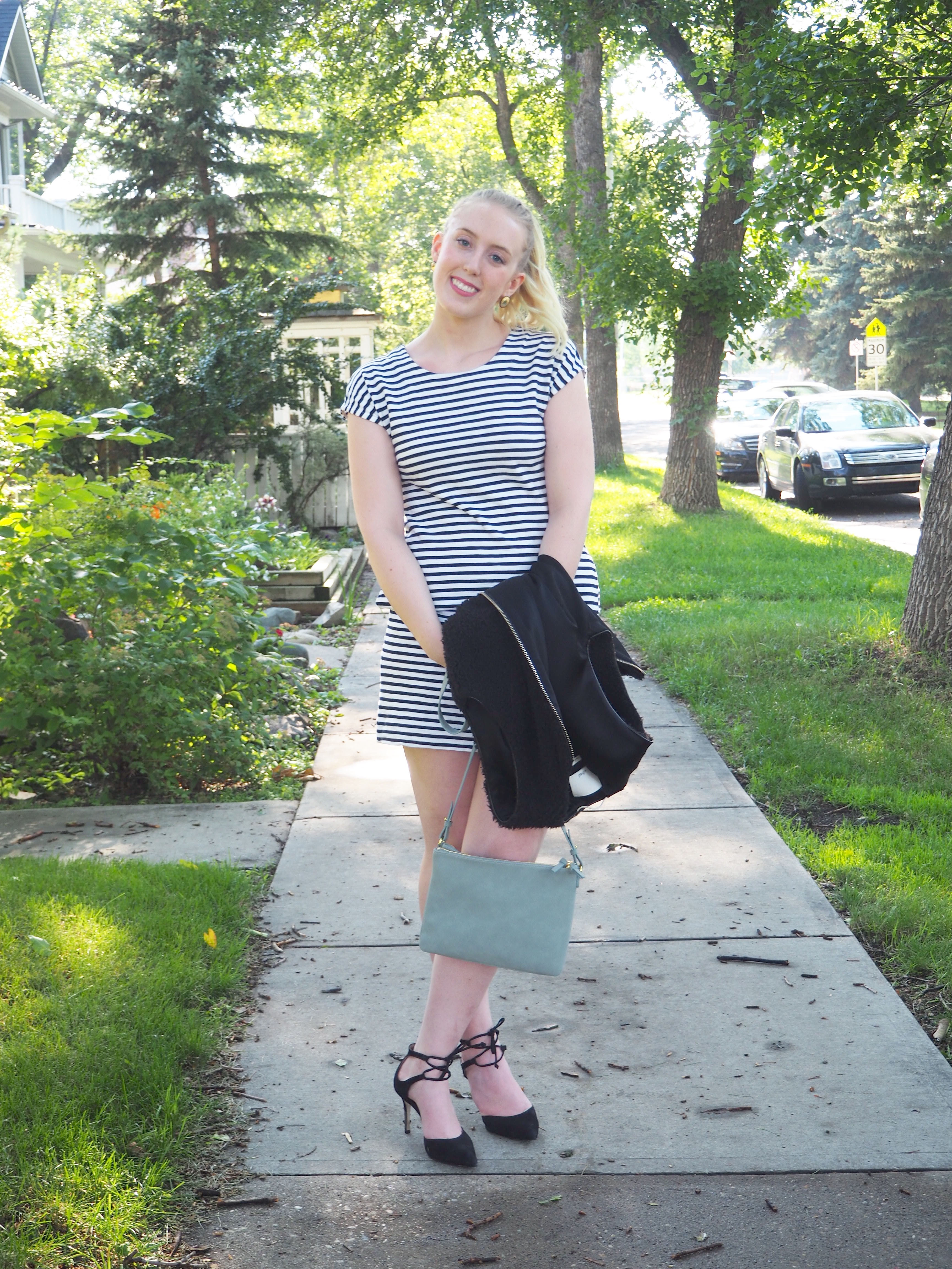 Striped Dress - Strung in Gold Madewell Dress, Steve Madden Heels, Aritzia Vest, Old Navy Bag