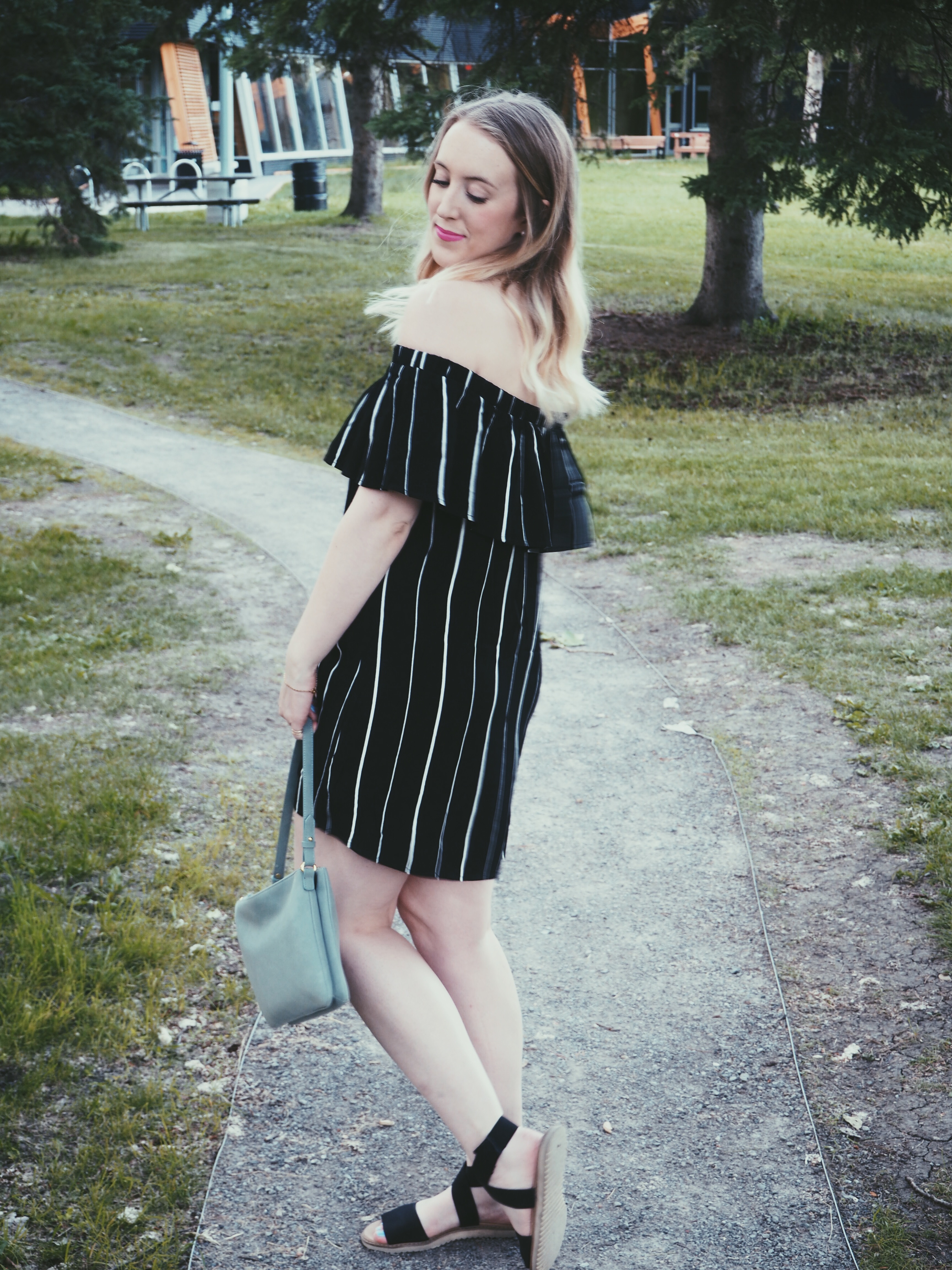 Forever 21 Dress, Spring Sandals, Old Navy Bag - Off the Shoulder - Strung in Gold