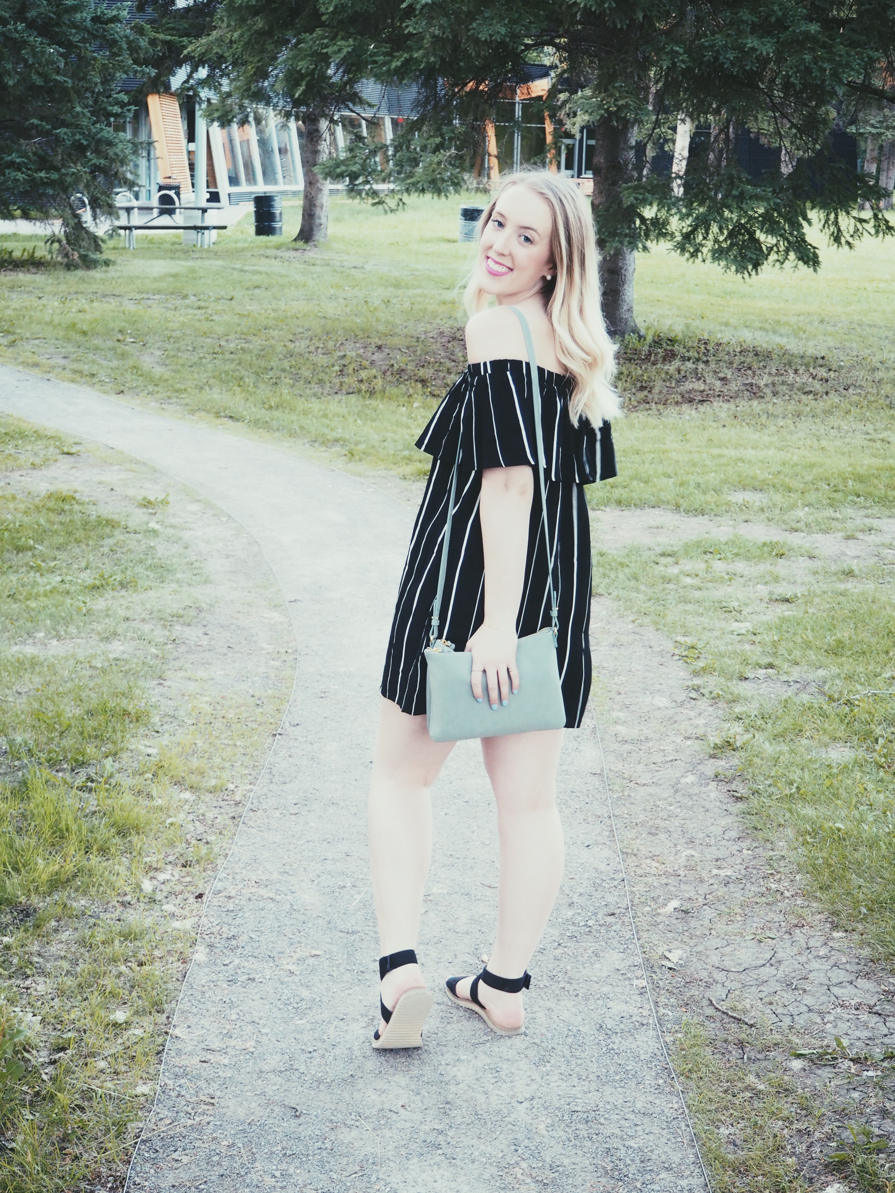 Forever 21 Dress, Spring Sandals, Old Navy Bag - Off the Shoulder - Strung in Gold