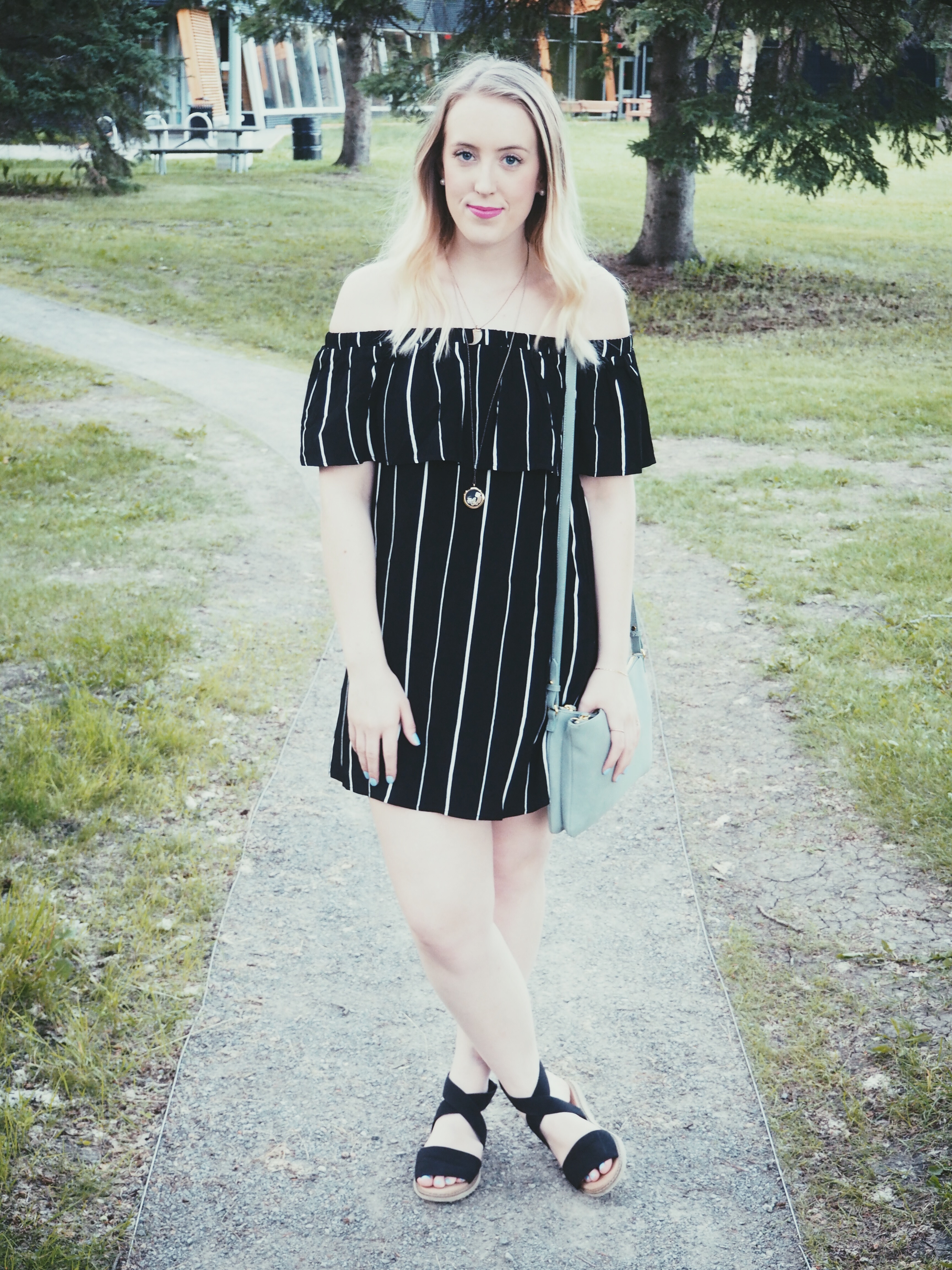 Forever 21 Dress, Spring Sandals, Old Navy Bag - Off the Shoulder - Strung in Gold