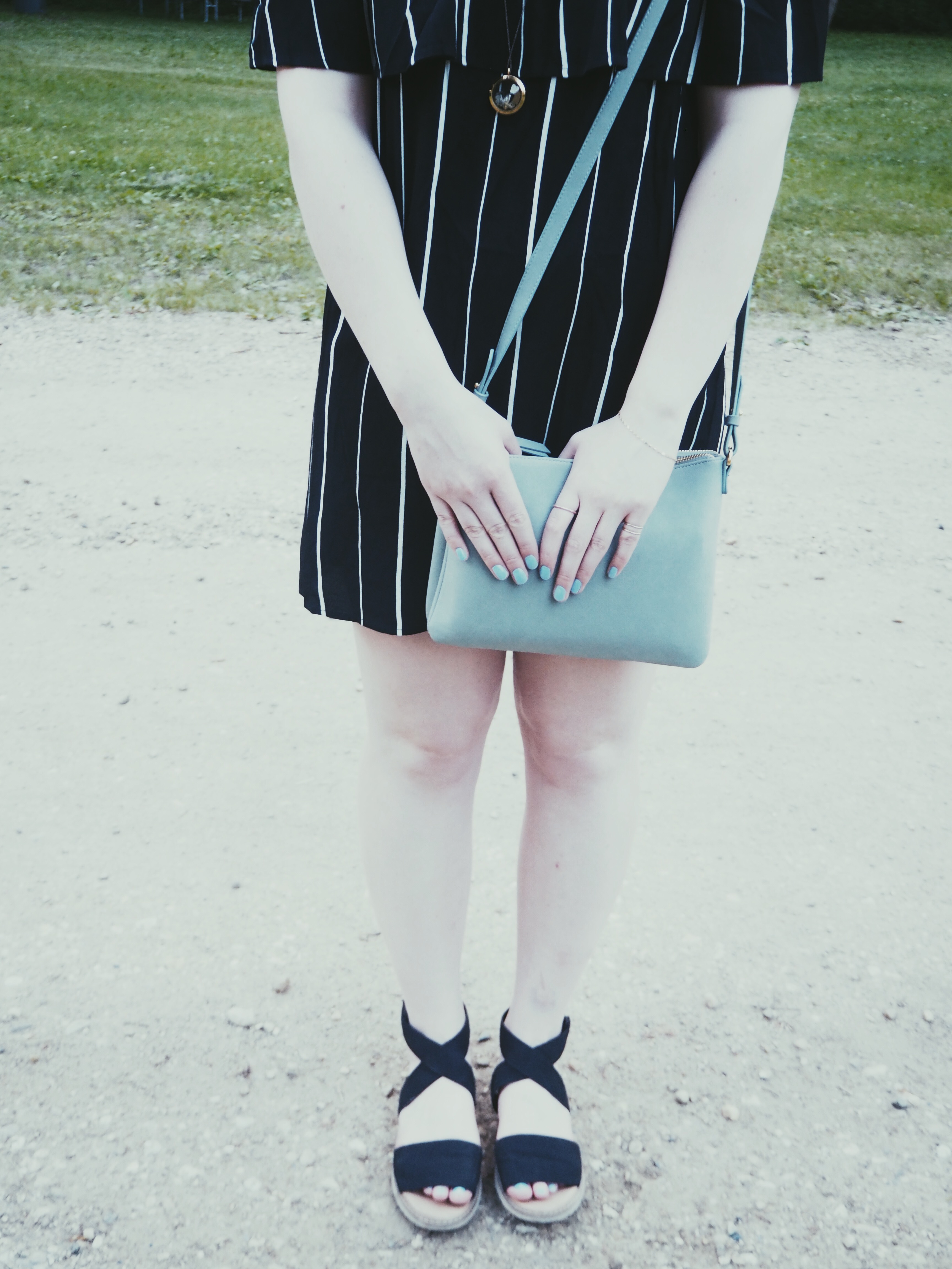 Forever 21 Dress, Spring Sandals, Old Navy Bag - Off the Shoulder - Strung in Gold