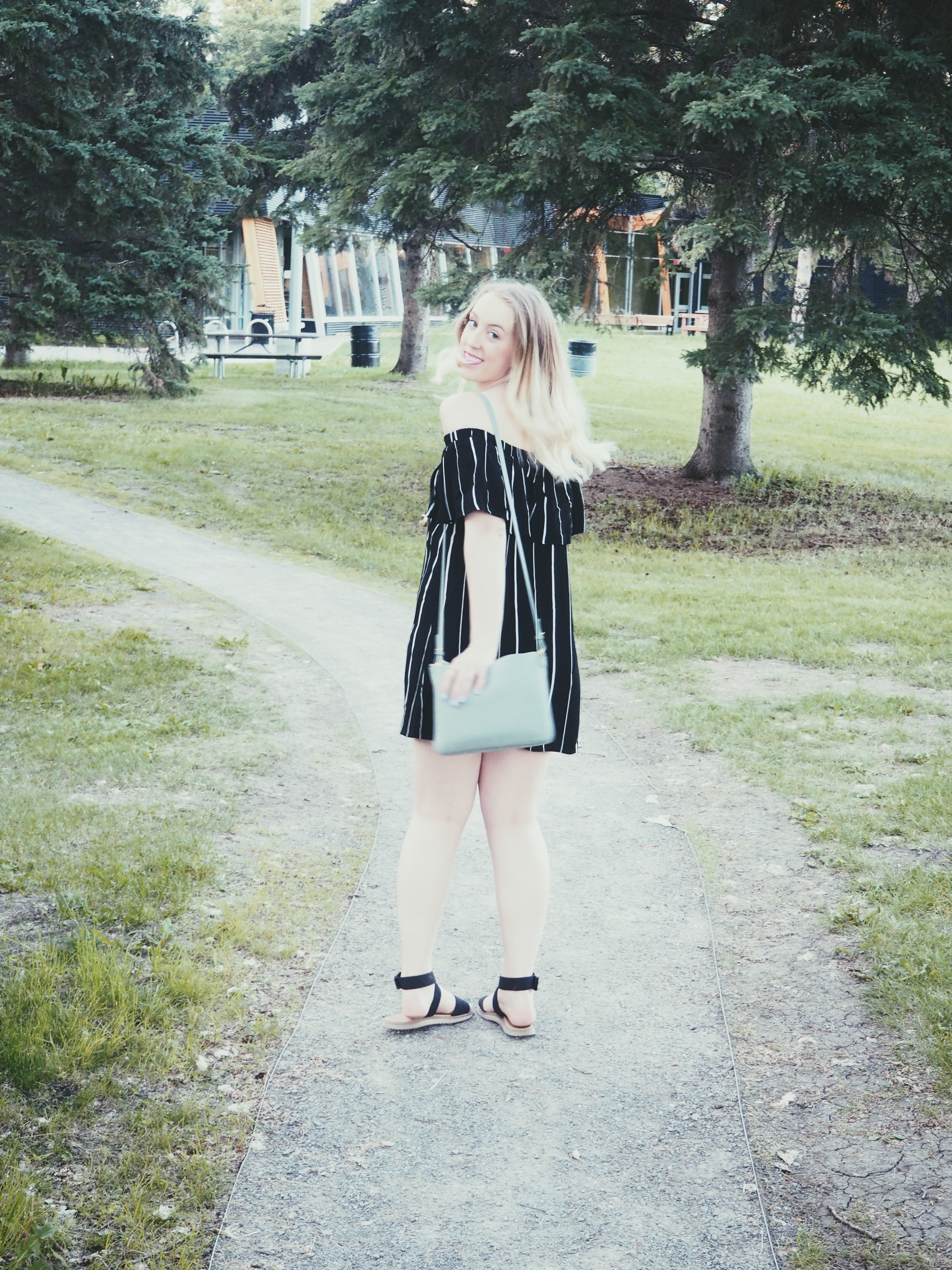 Forever 21 Dress, Spring Sandals, Old Navy Bag - Off the Shoulder - Strung in Gold