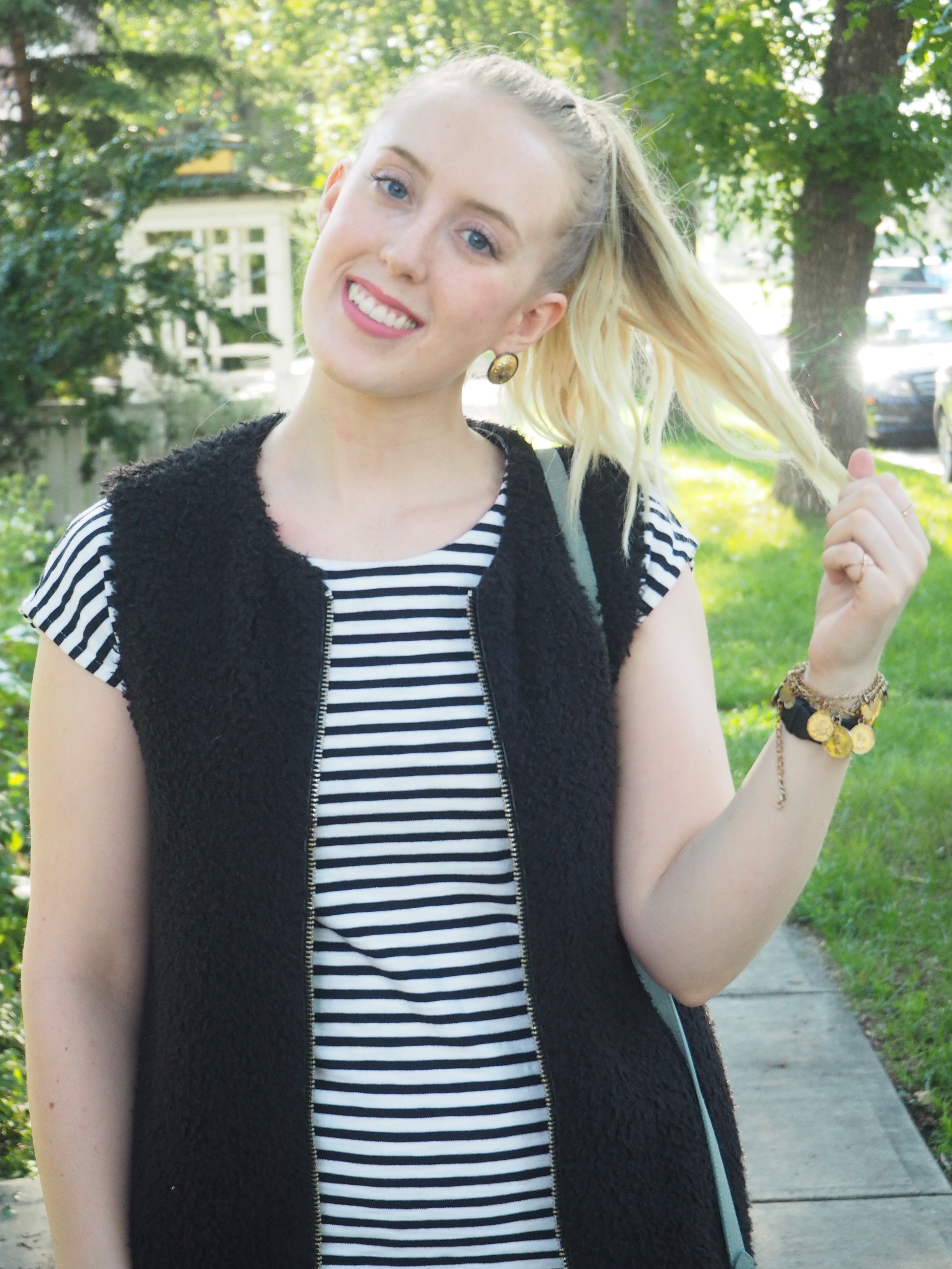 Striped Dress - Strung in Gold Madewell Dress, Steve Madden Heels, Aritzia Vest, Old Navy Bag