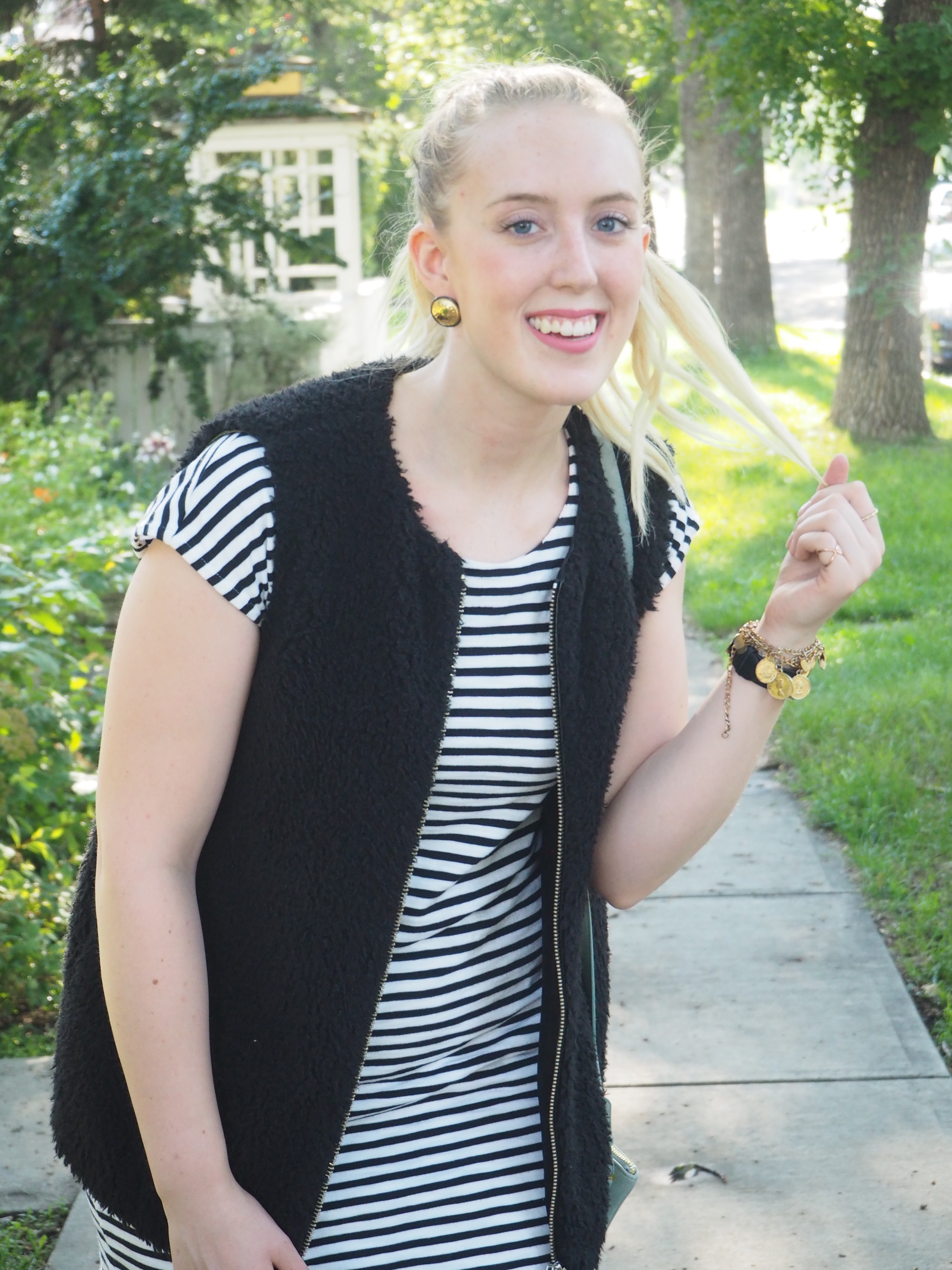 Striped Dress - Strung in Gold Madewell Dress, Steve Madden Heels, Aritzia Vest, Old Navy Bag