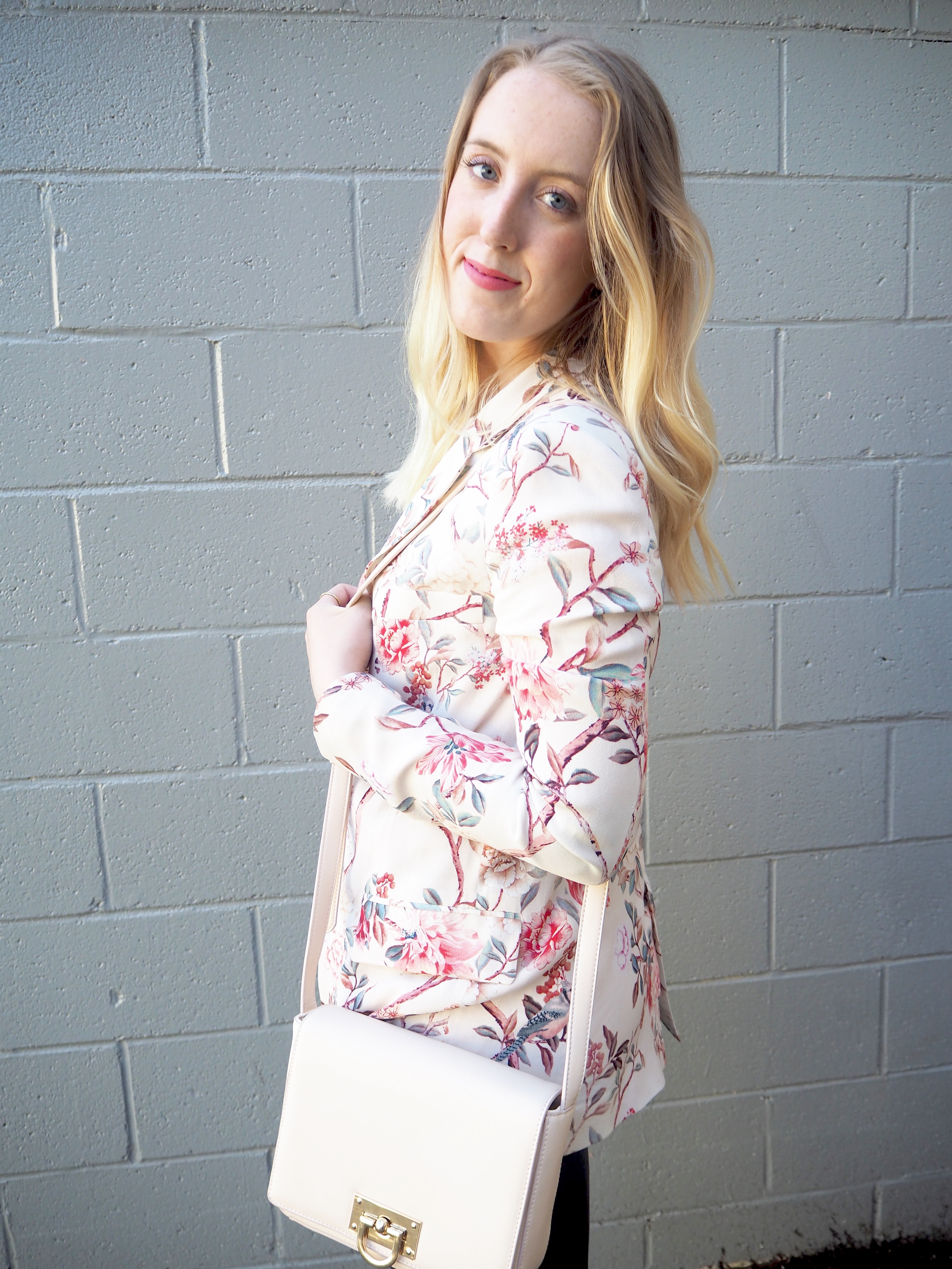 Floral Blazer - Strung in Gold [Zara Blazer, American Eagle Top, Aritzia Leather Leggings, Aldo Boots, Forever 21 Purse}