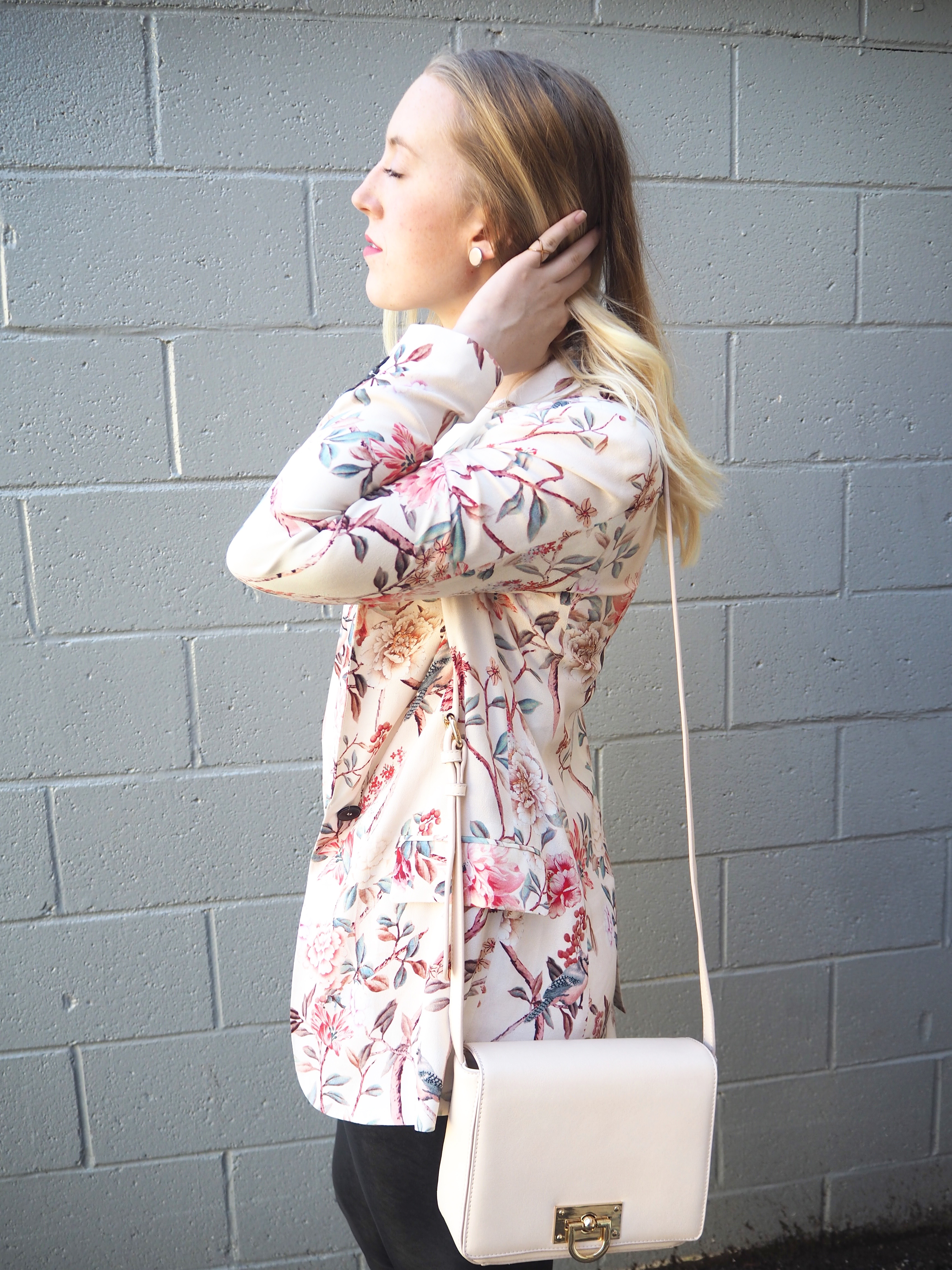 Floral Blazer - Strung in Gold [Zara Blazer, American Eagle Top, Aritzia Leather Leggings, Aldo Boots, Forever 21 Purse}