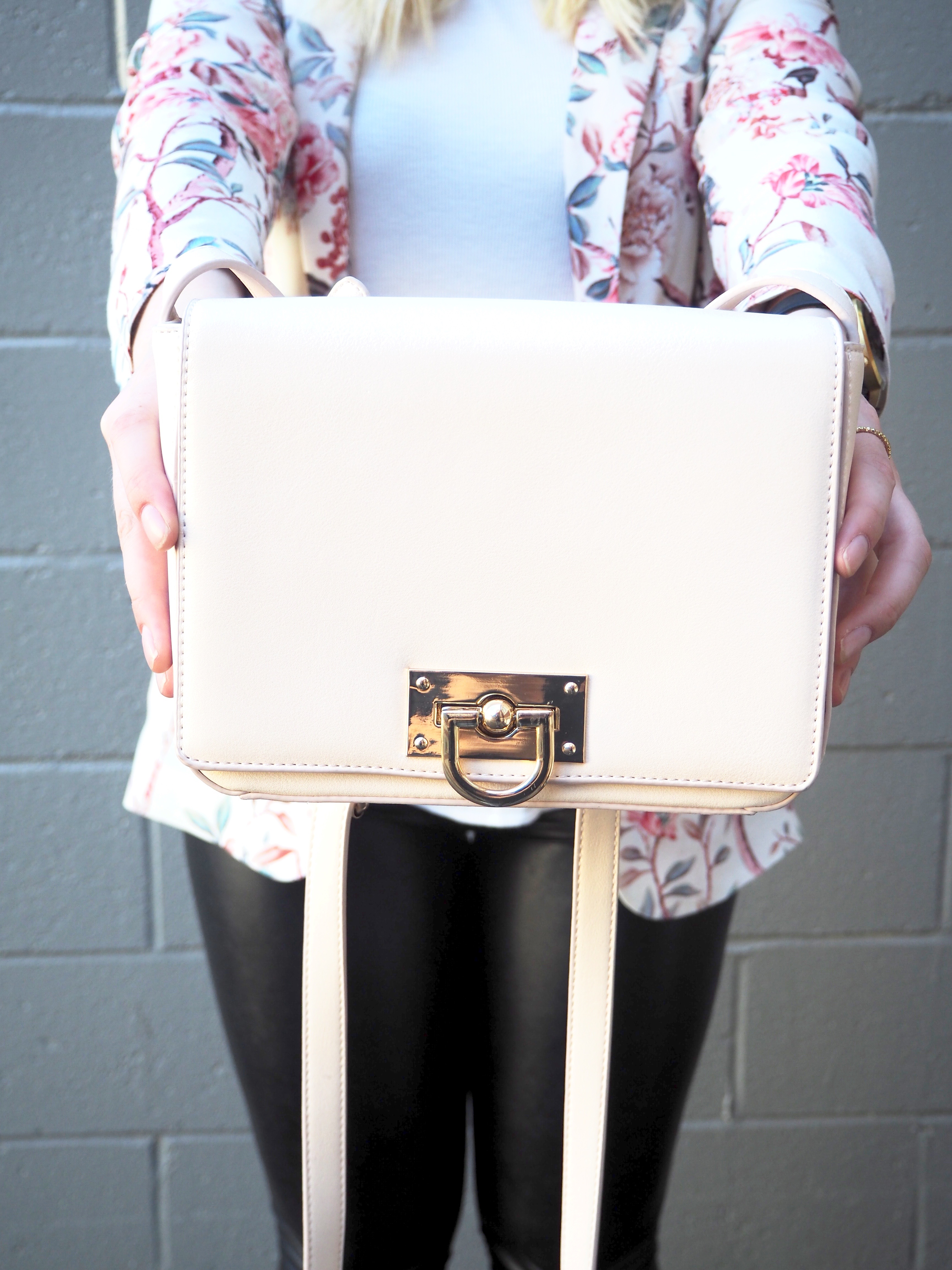 Floral Blazer - Strung in Gold [Zara Blazer, American Eagle Top, Aritzia Leather Leggings, Aldo Boots, Forever 21 Purse}