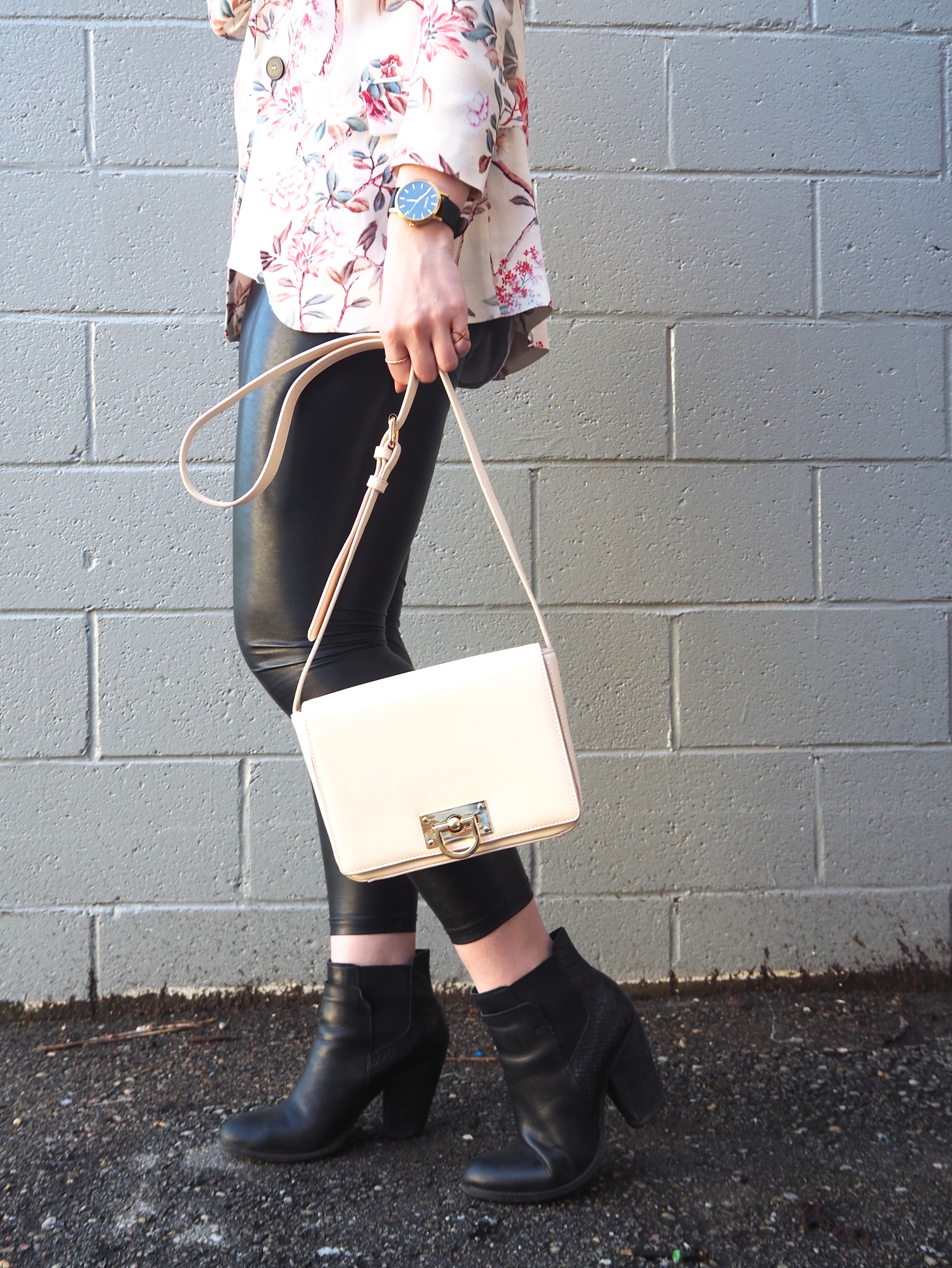 Floral Blazer - Strung in Gold [Zara Blazer, American Eagle Top, Aritzia Leather Leggings, Aldo Boots, Forever 21 Purse}