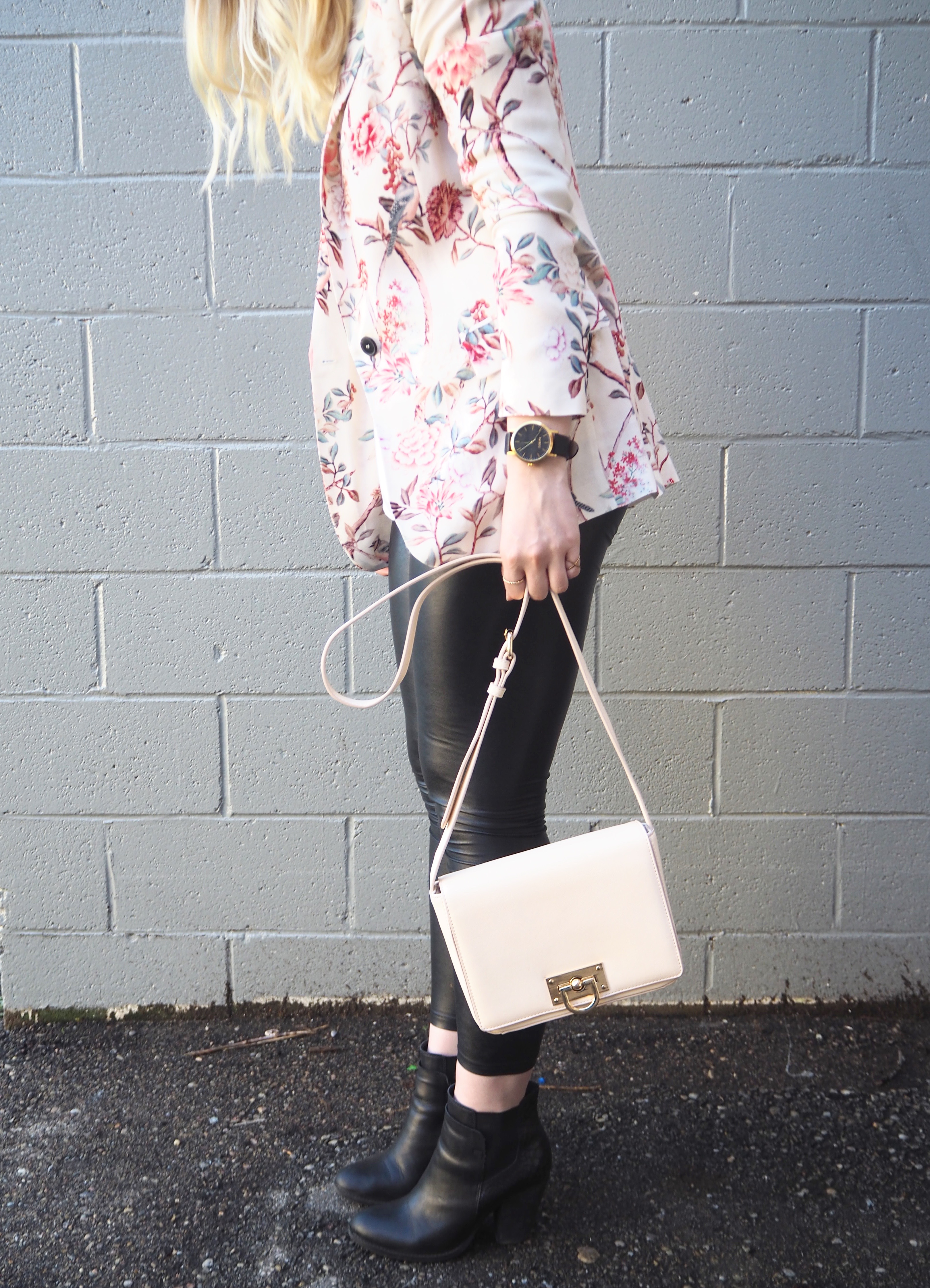 Floral Blazer - Strung in Gold [Zara Blazer, American Eagle Top, Aritzia Leather Leggings, Aldo Boots, Forever 21 Purse}