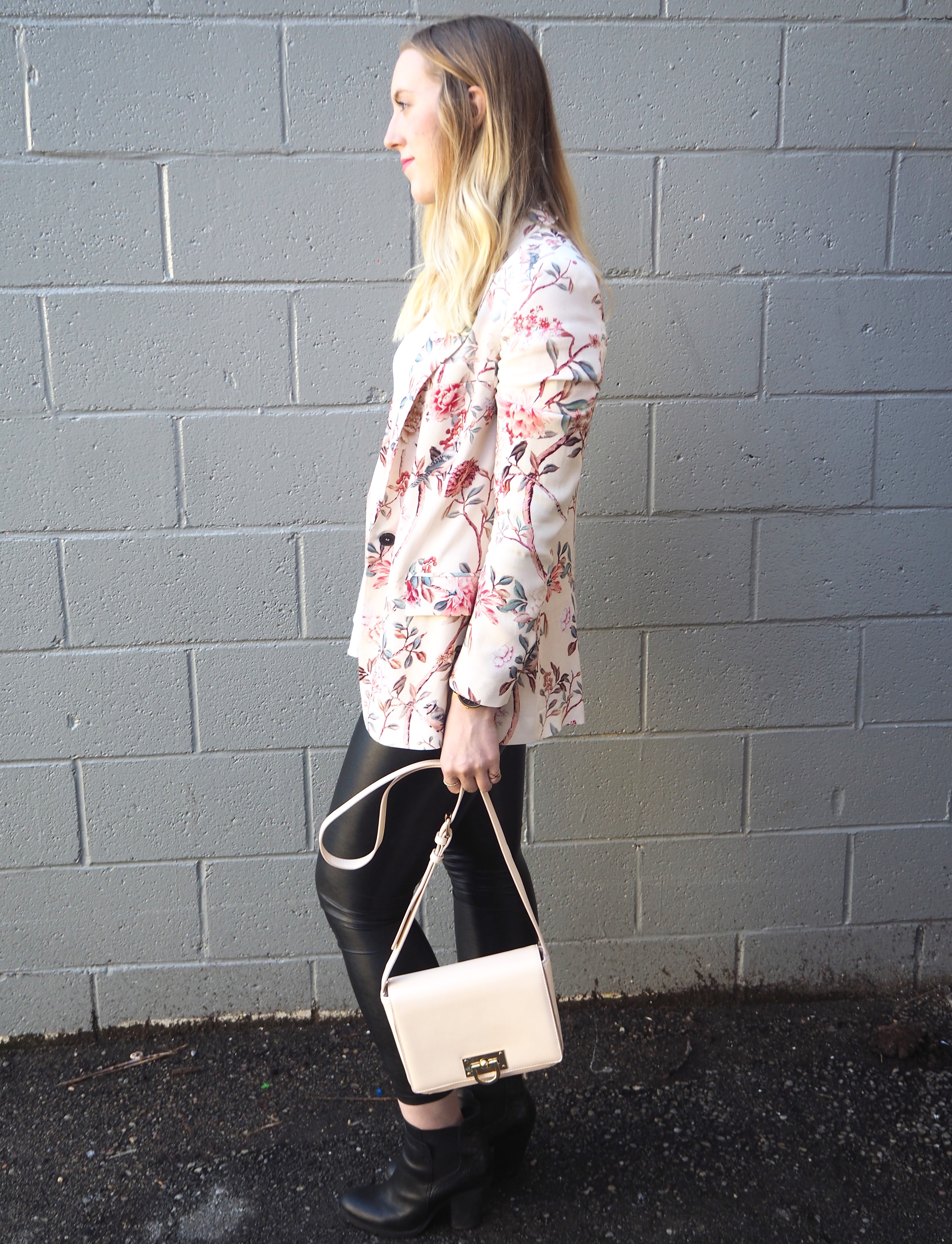 Floral Blazer - Strung in Gold [Zara Blazer, American Eagle Top, Aritzia Leather Leggings, Aldo Boots, Forever 21 Purse}