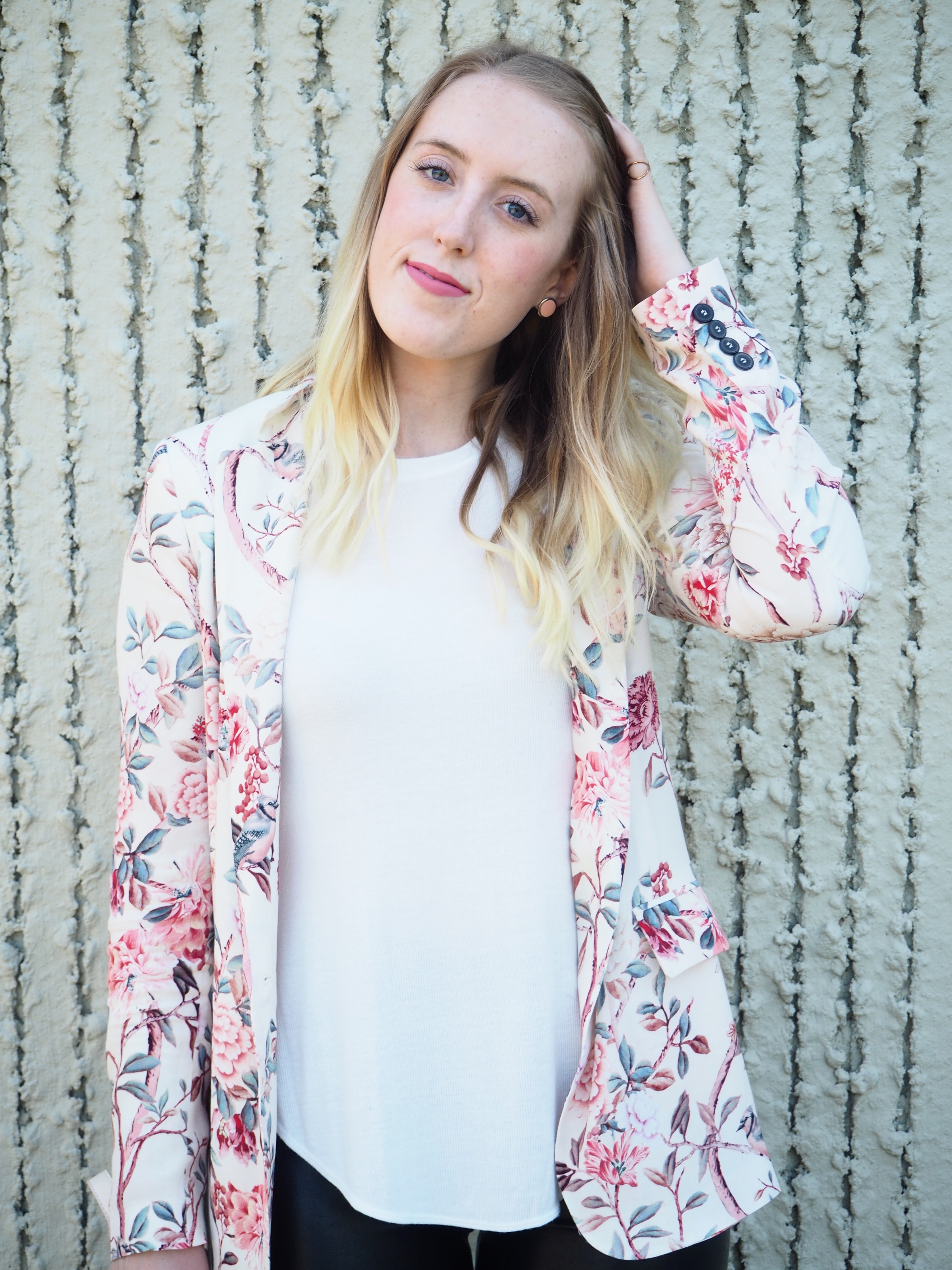 Floral Blazer - Strung in Gold [Zara Blazer, American Eagle Top, Aritzia Leather Leggings, Aldo Boots, Forever 21 Purse}