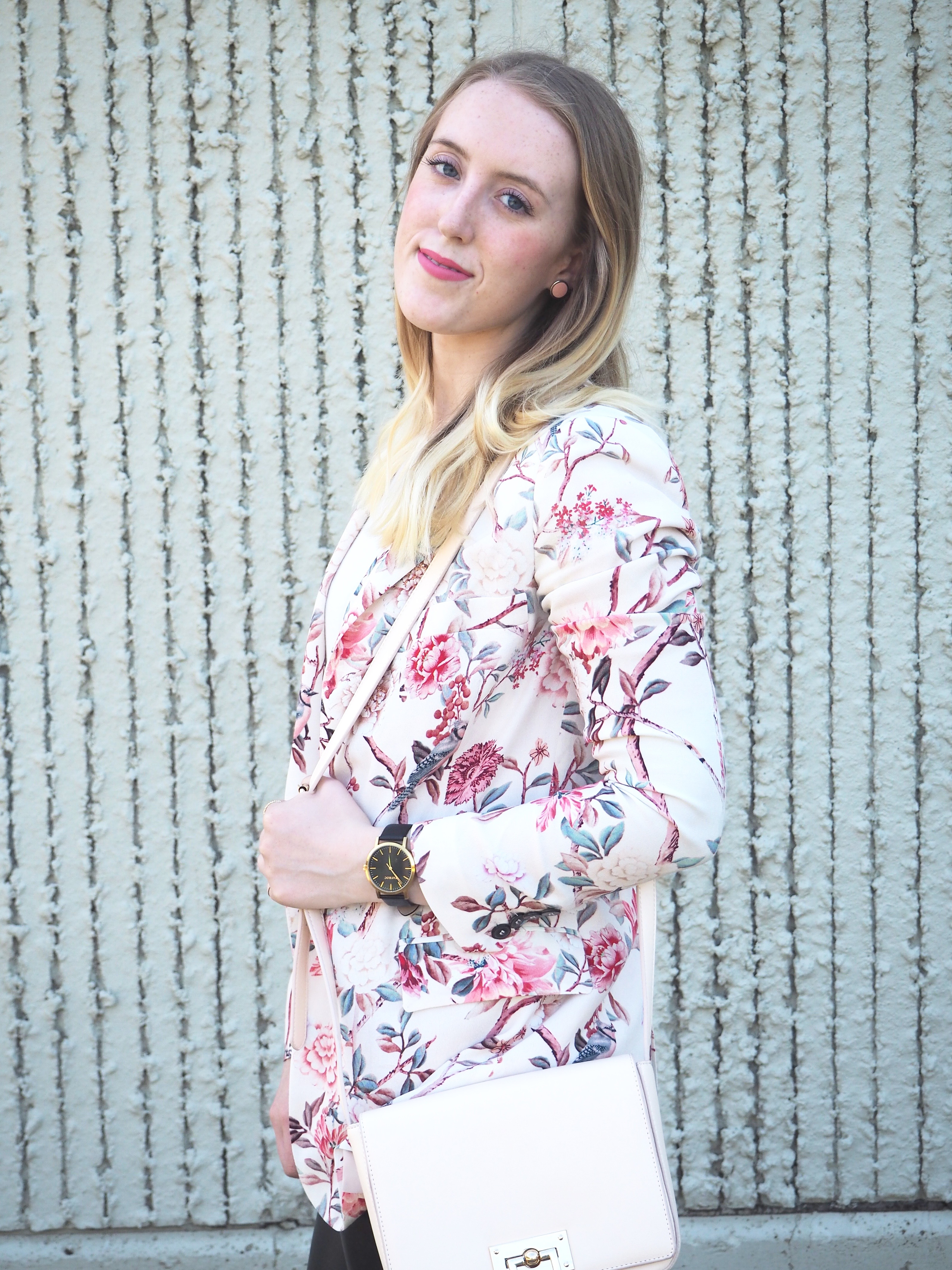 Floral Blazer - Strung in Gold [Zara Blazer, American Eagle Top, Aritzia Leather Leggings, Aldo Boots, Forever 21 Purse}