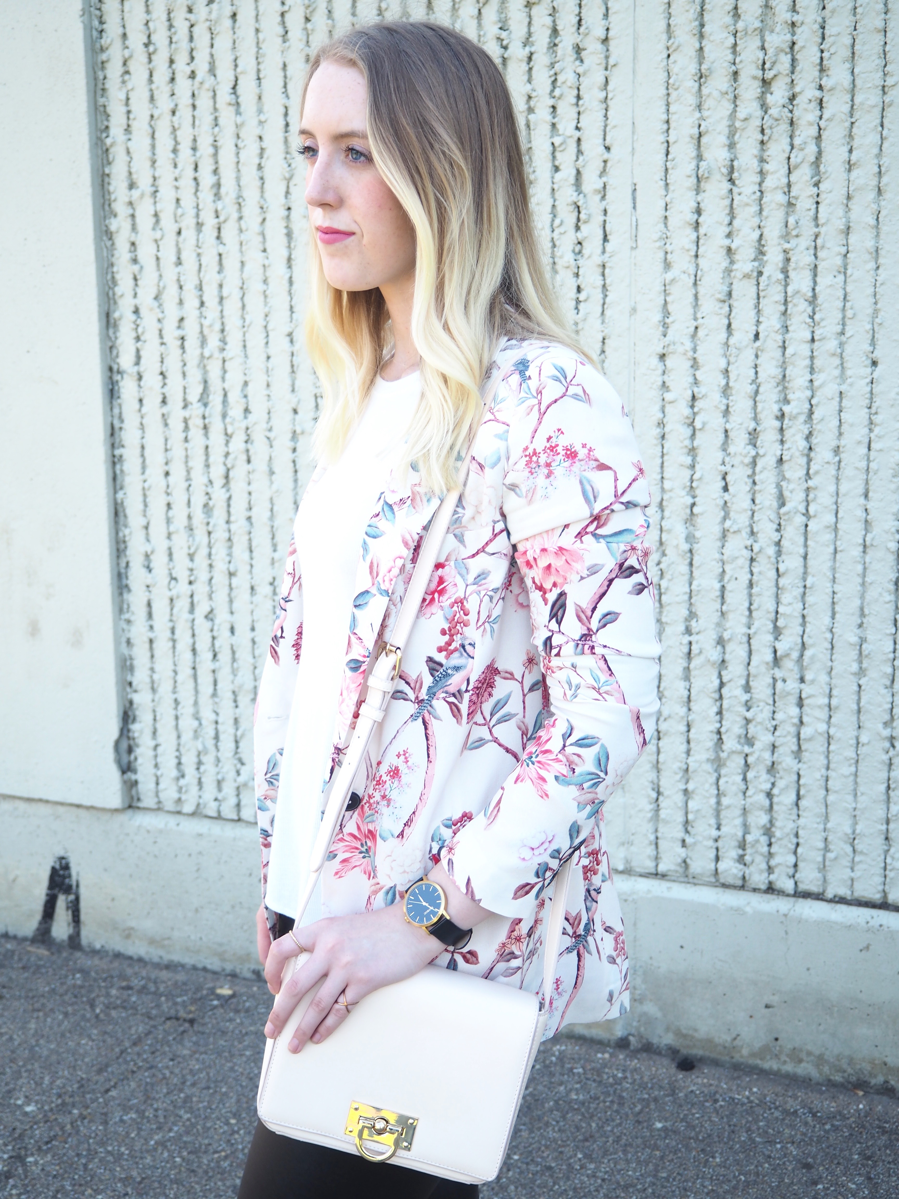 Floral Blazer - Strung in Gold [Zara Blazer, American Eagle Top, Aritzia Leather Leggings, Aldo Boots, Forever 21 Purse}