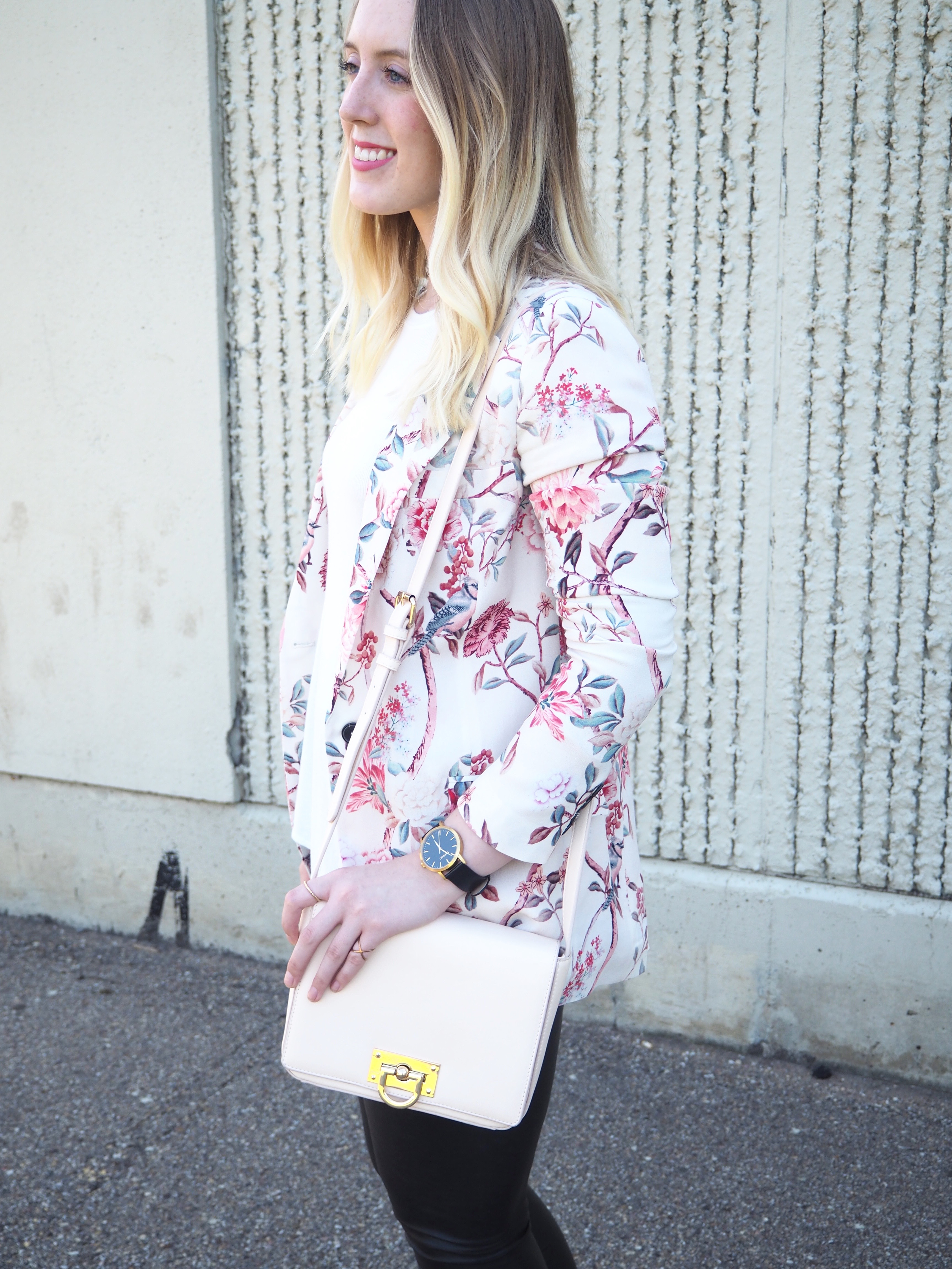 Floral Blazer - Strung in Gold [Zara Blazer, American Eagle Top, Aritzia Leather Leggings, Aldo Boots, Forever 21 Purse}