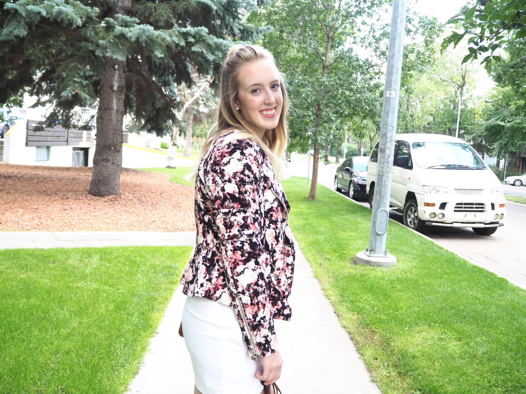 Floral Bomber - Strung in Gold {Aritzia Bomber, H&M Top, Joe Fresh Skirt, American Eagle Bag and Sandals}