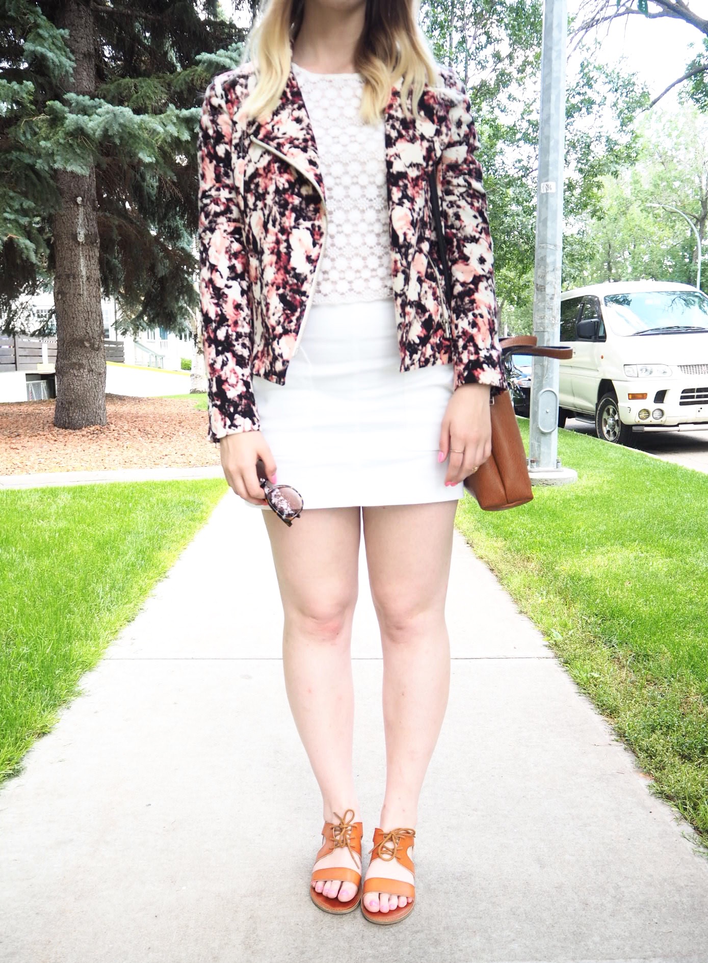 Floral Bomber - Strung in Gold {Aritzia Bomber, H&M Top, Joe Fresh Skirt, American Eagle Bag and Sandals}