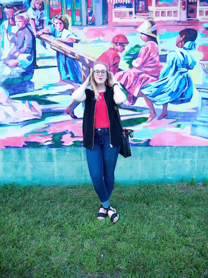 Red Tank - Strung in Gold {Aritzia Tank, Aritzia Bralette, Aritzia Vest, American Eagle Jeans, American Eagle Bag, Spring Sandals, Smashbox Lipstick in Punch Drunk}