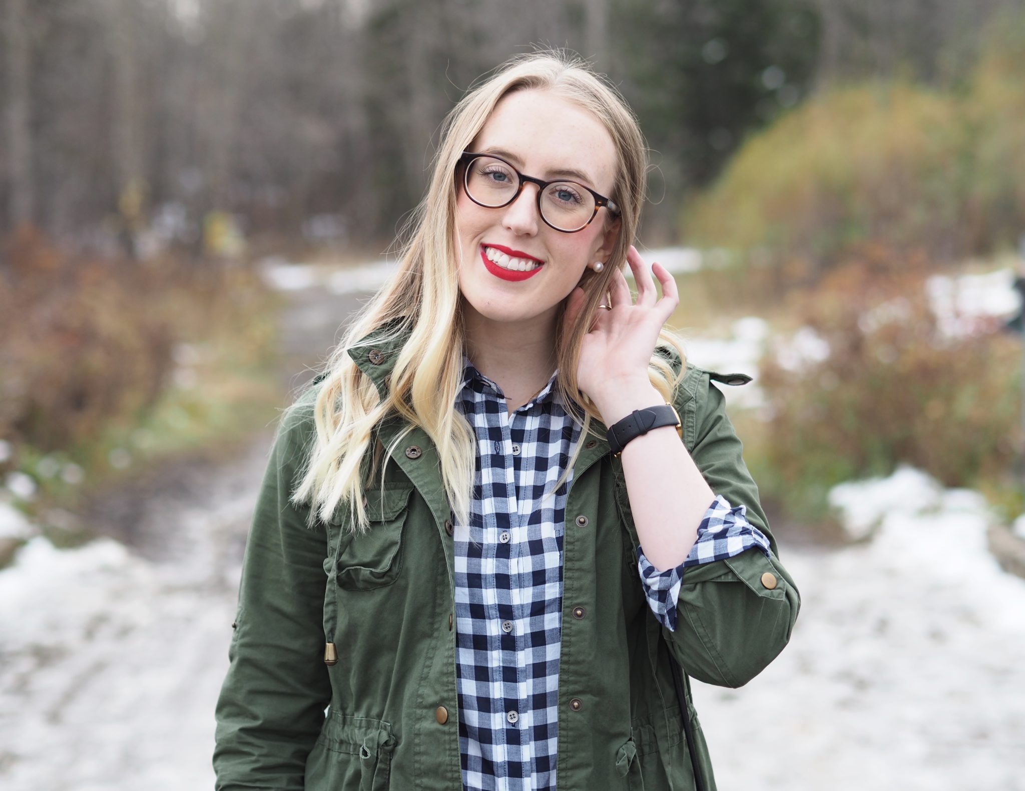 Fall Gingham - Strung in Gold {J Crew Factory Gingham Shirt, American Eagle Jeans, Steve Madden Booties, MAC Matte Lipstick in Ruby Woo}