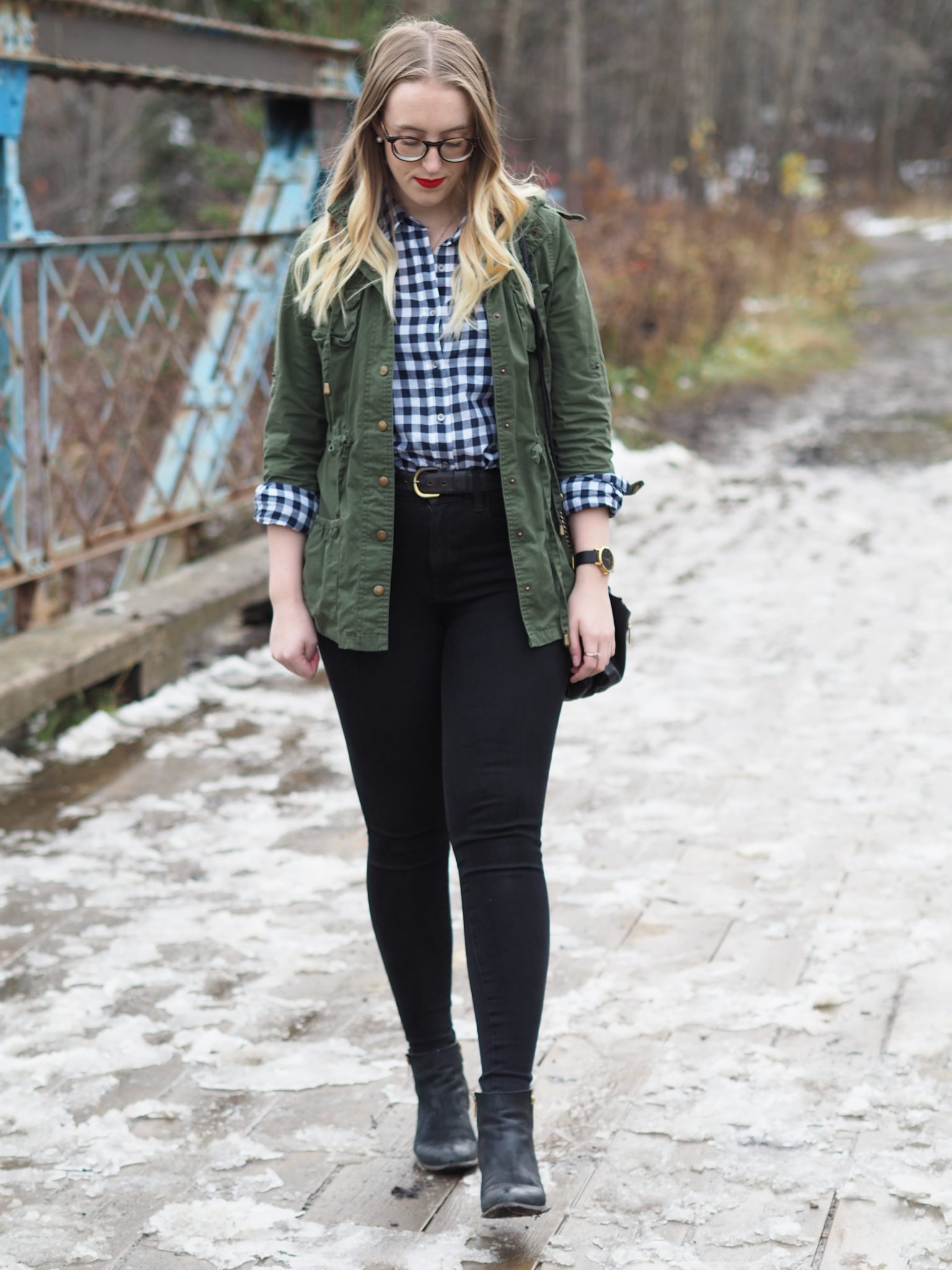 Fall Gingham - Strung in Gold {J Crew Factory Gingham Shirt, American Eagle Jeans, Steve Madden Booties, MAC Matte Lipstick in Ruby Woo}