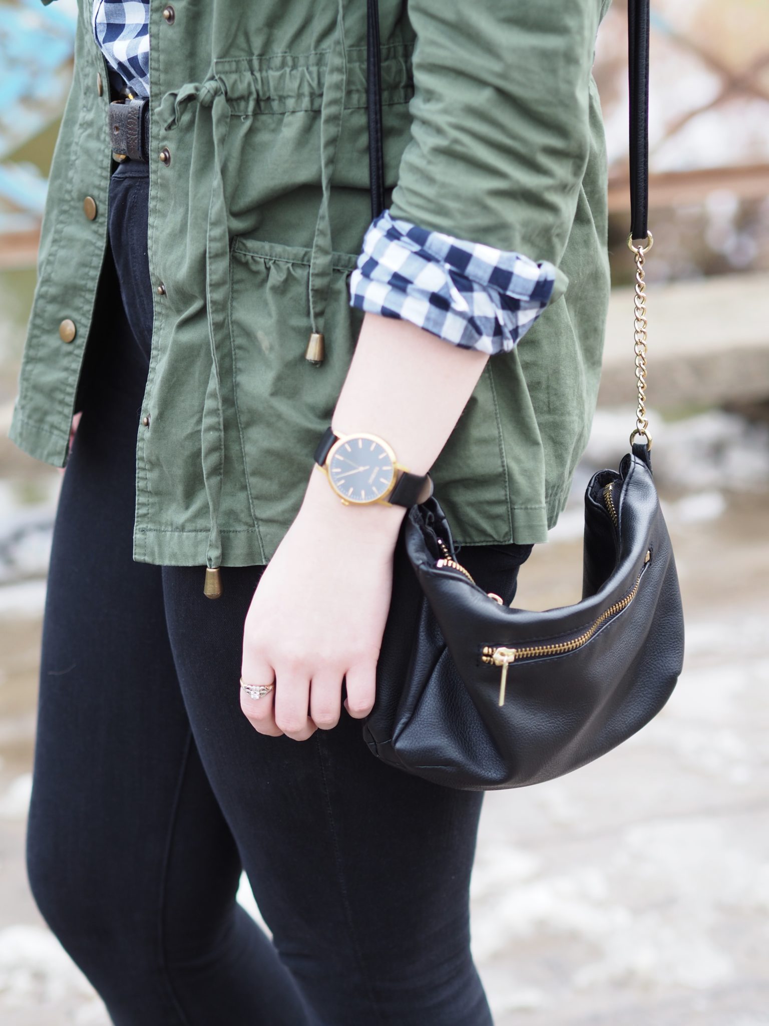 Fall Gingham - Strung in Gold {J Crew Factory Gingham Shirt, American Eagle Jeans, Steve Madden Booties, MAC Matte Lipstick in Ruby Woo}