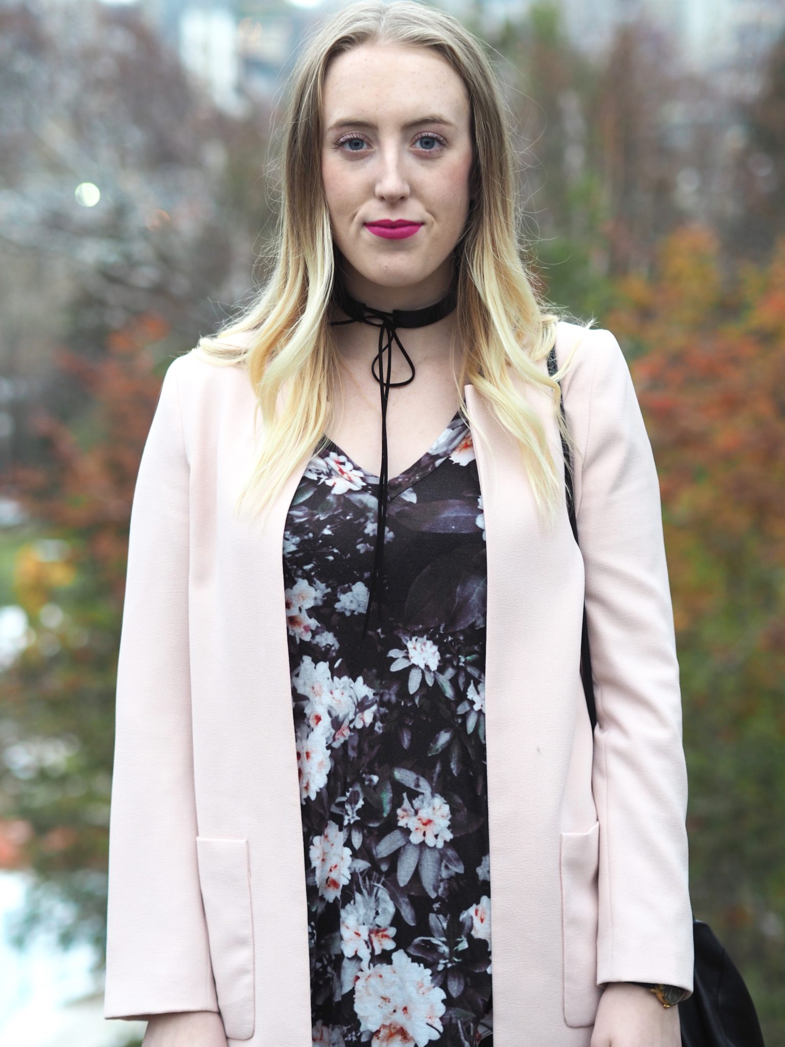 Fall Floral - Strung in Gold {H&M Jacket, Aritzia Floral Shirt, MAC Lipstick in Flat Out Fabulous, American Eagle Jeans, DUVAL Choker, Steve Madden Booties}