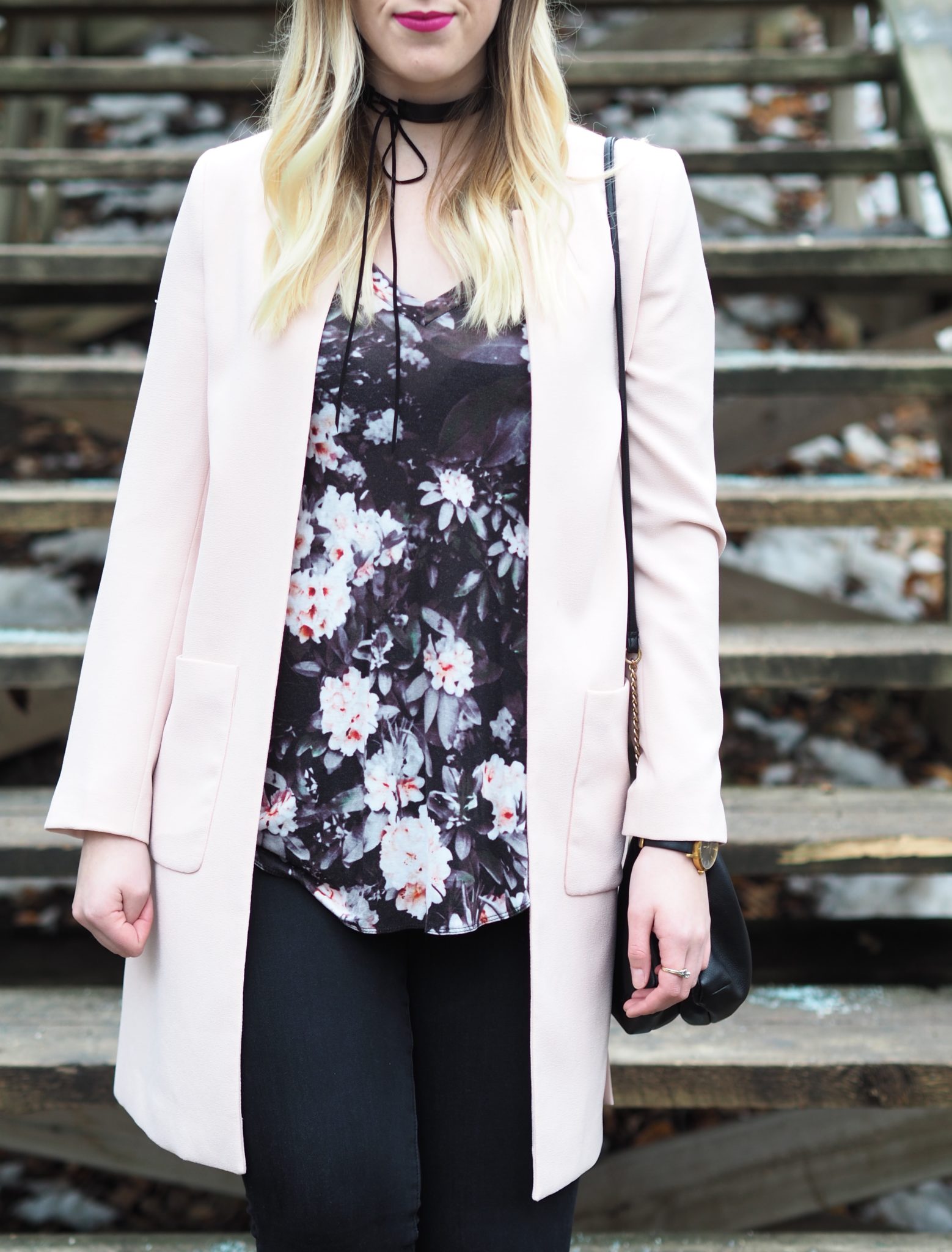 Fall Floral - Strung in Gold {H&M Jacket, Aritzia Floral Shirt, MAC Lipstick in Flat Out Fabulous, American Eagle Jeans, DUVAL Choker, Steve Madden Booties}