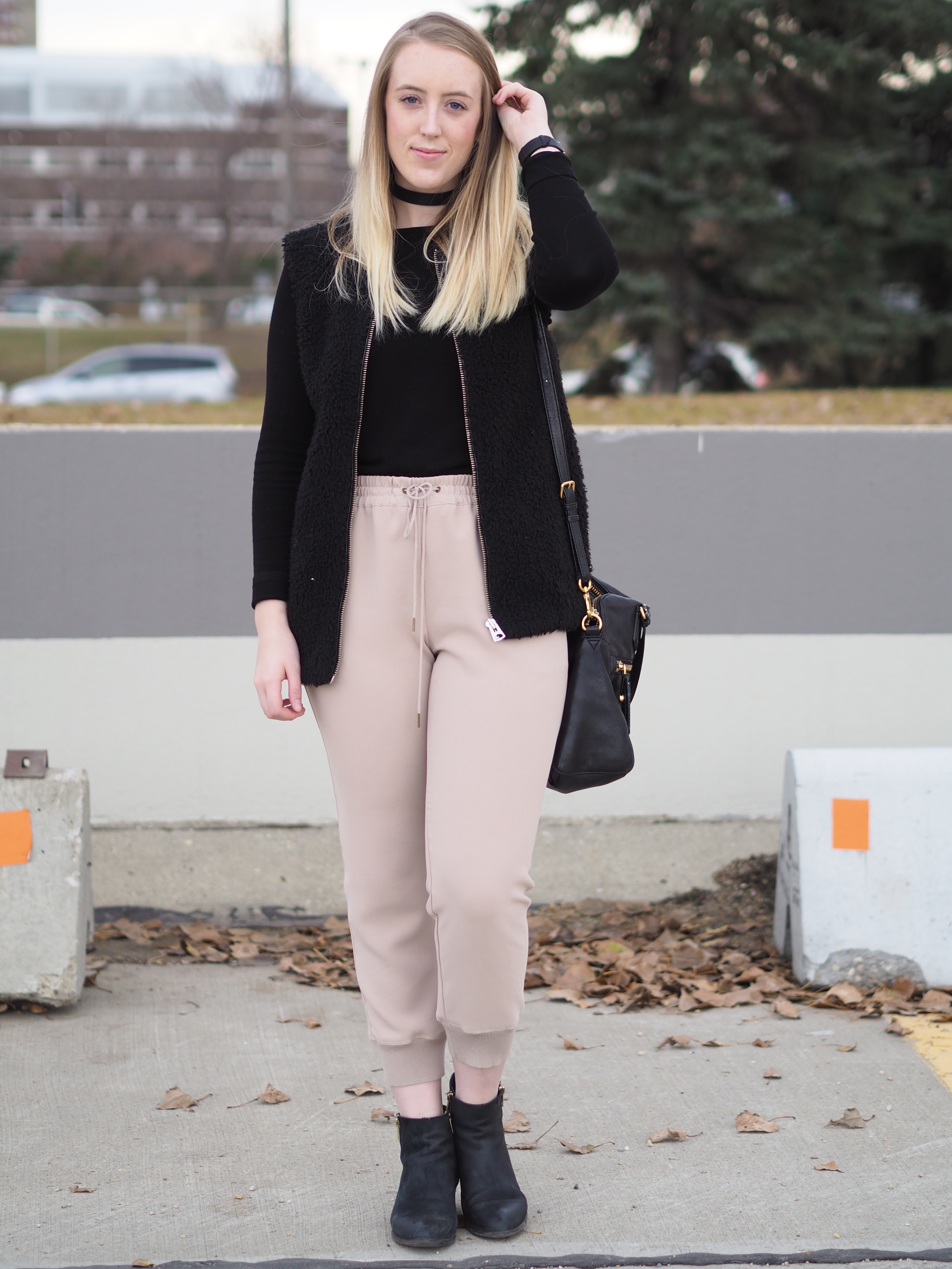 Aritzia Vest - Strung in Gold {Aritzia Vest, DUVAL Choker, Aritzia Joggers, Danier Sweater, Marc by Marc Jacobs Bag, Steve Madden Boots}