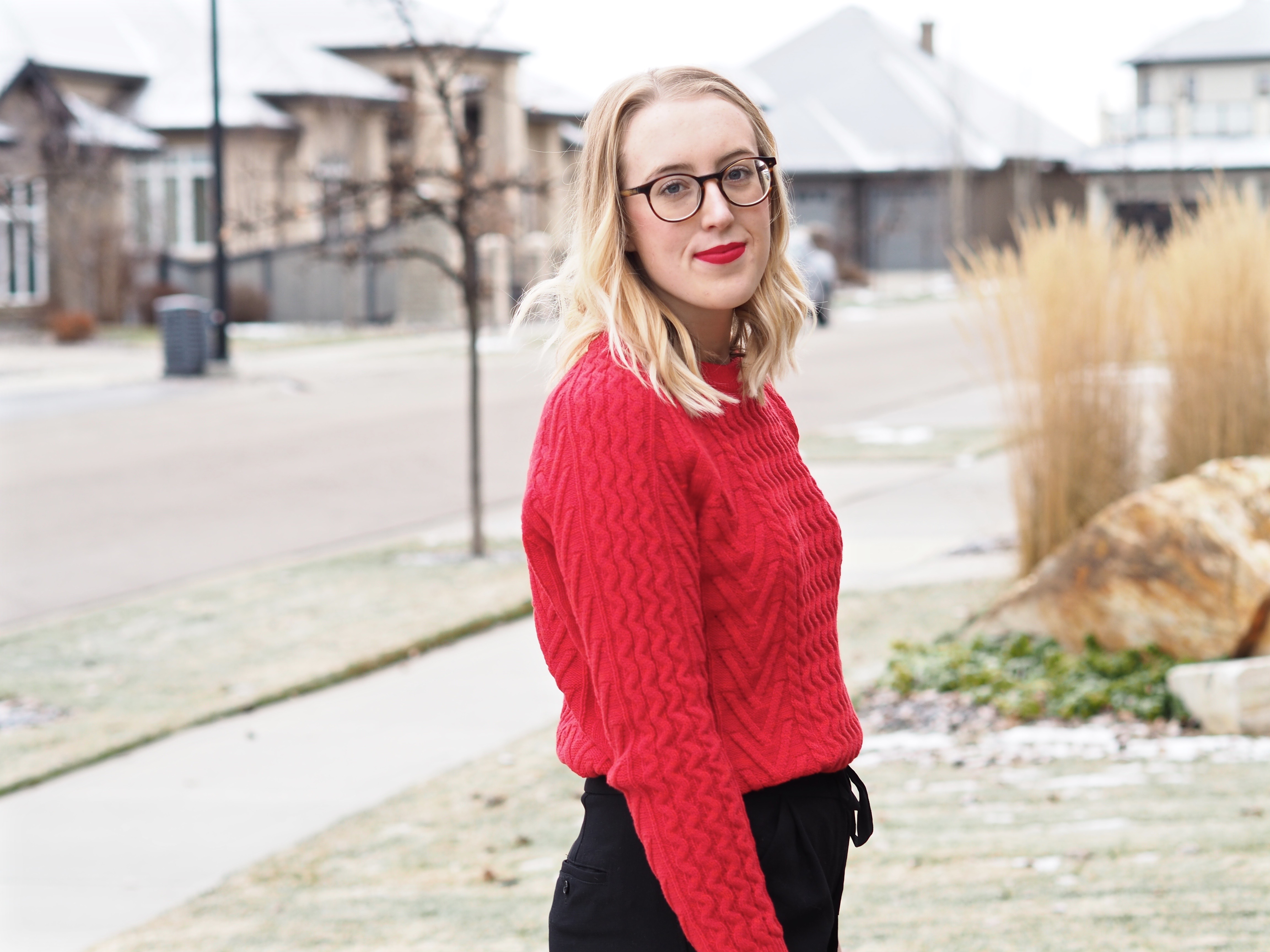 Red Cable Knit Sweater - Strung in Gold {Gap Sweater, Aritzia Joggers, Marc by Marc Jacobs Purse, Aldo Booties, MAC Lipstick}