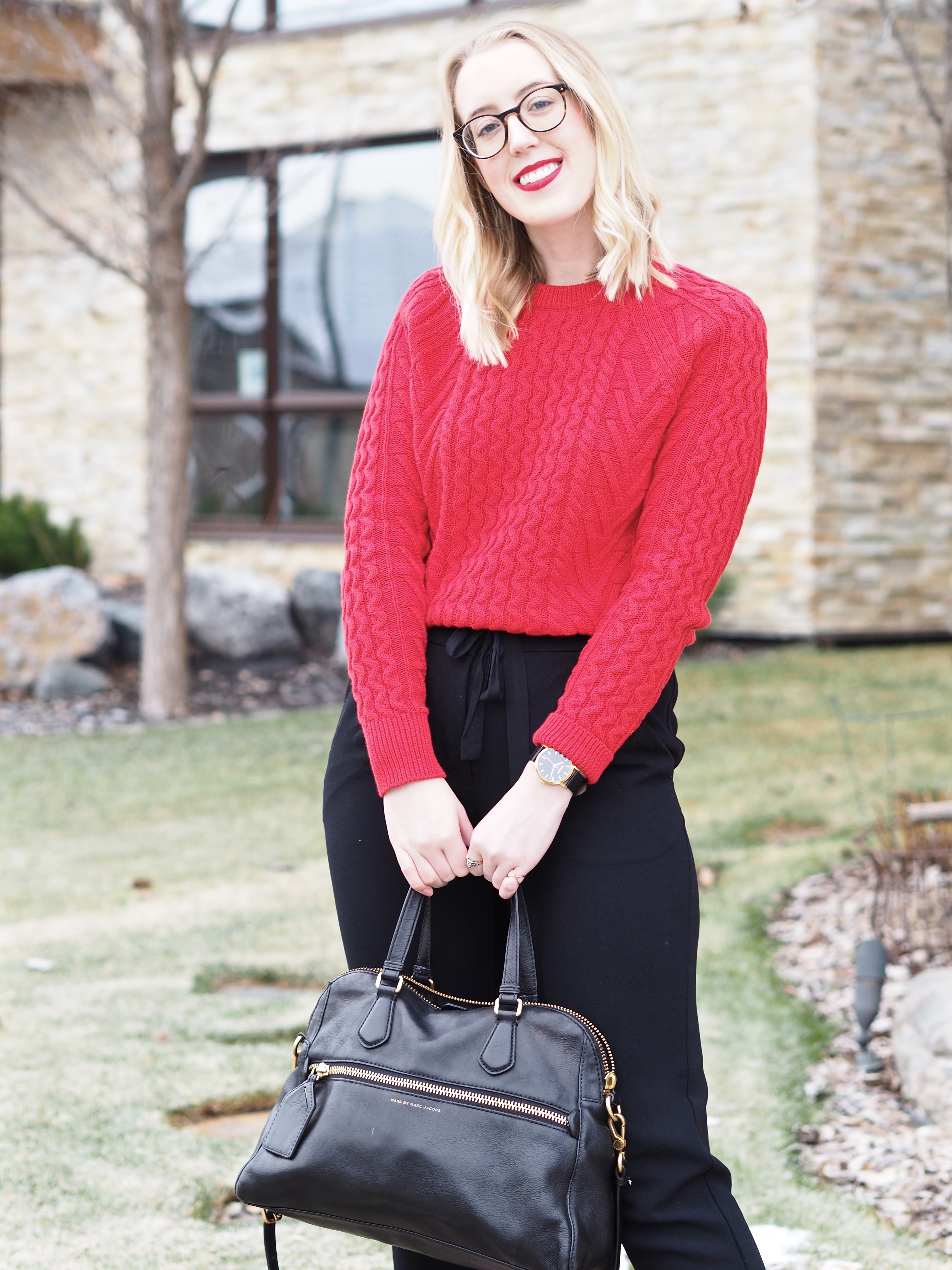 Red Cable Knit Sweater - Strung in Gold {Gap Sweater, Aritzia Joggers, Marc by Marc Jacobs Purse, Aldo Booties, MAC Lipstick}