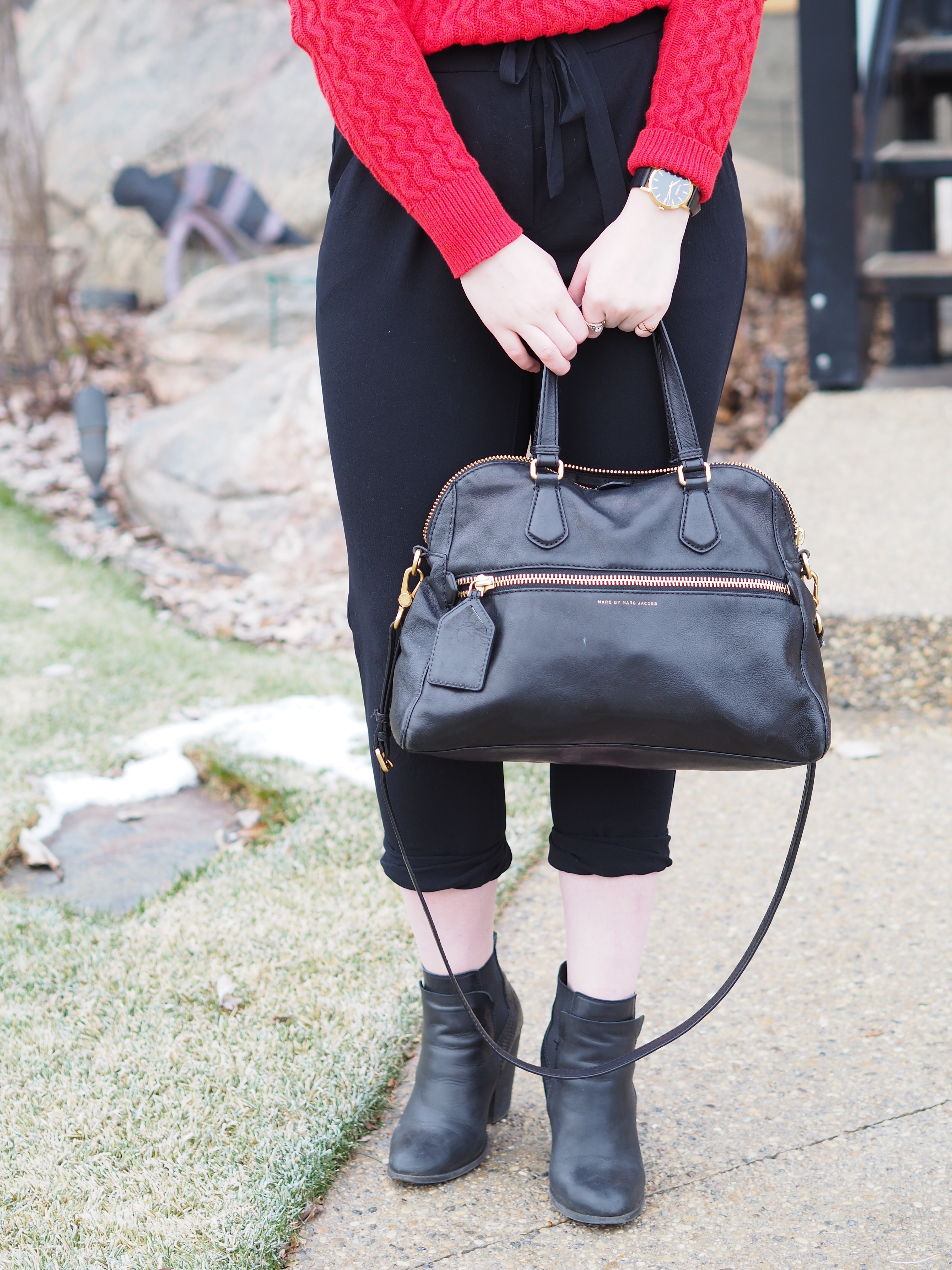 Red Cable Knit Sweater - Strung in Gold {Gap Sweater, Aritzia Joggers, Marc by Marc Jacobs Purse, Aldo Booties, MAC Lipstick}