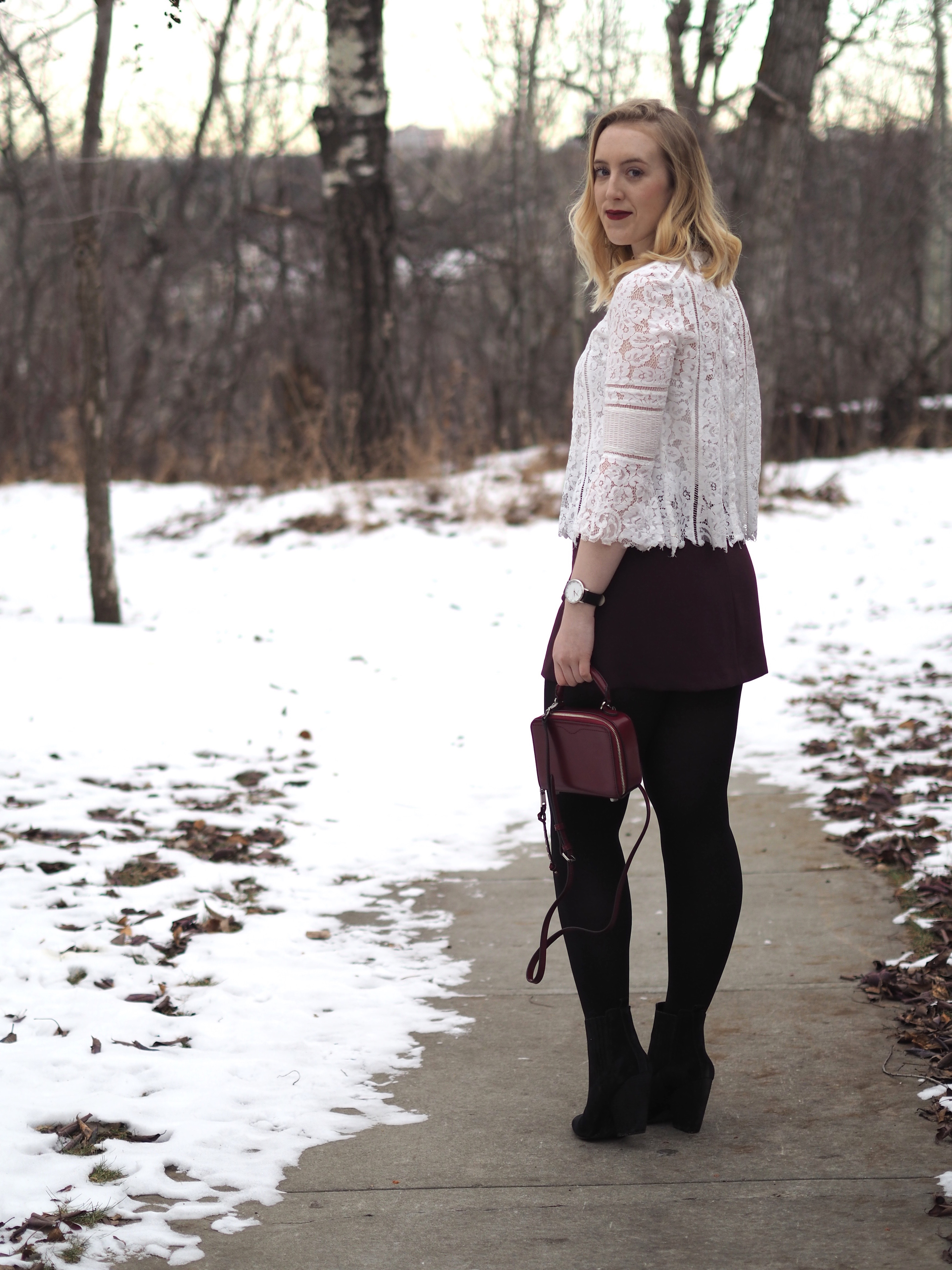 Lace Top with Dezzal - Strungingold {aritzia mini skirt, Rebecca Minkoff Purse, Joe Fresh tights, Kendall + Kylie Boots}