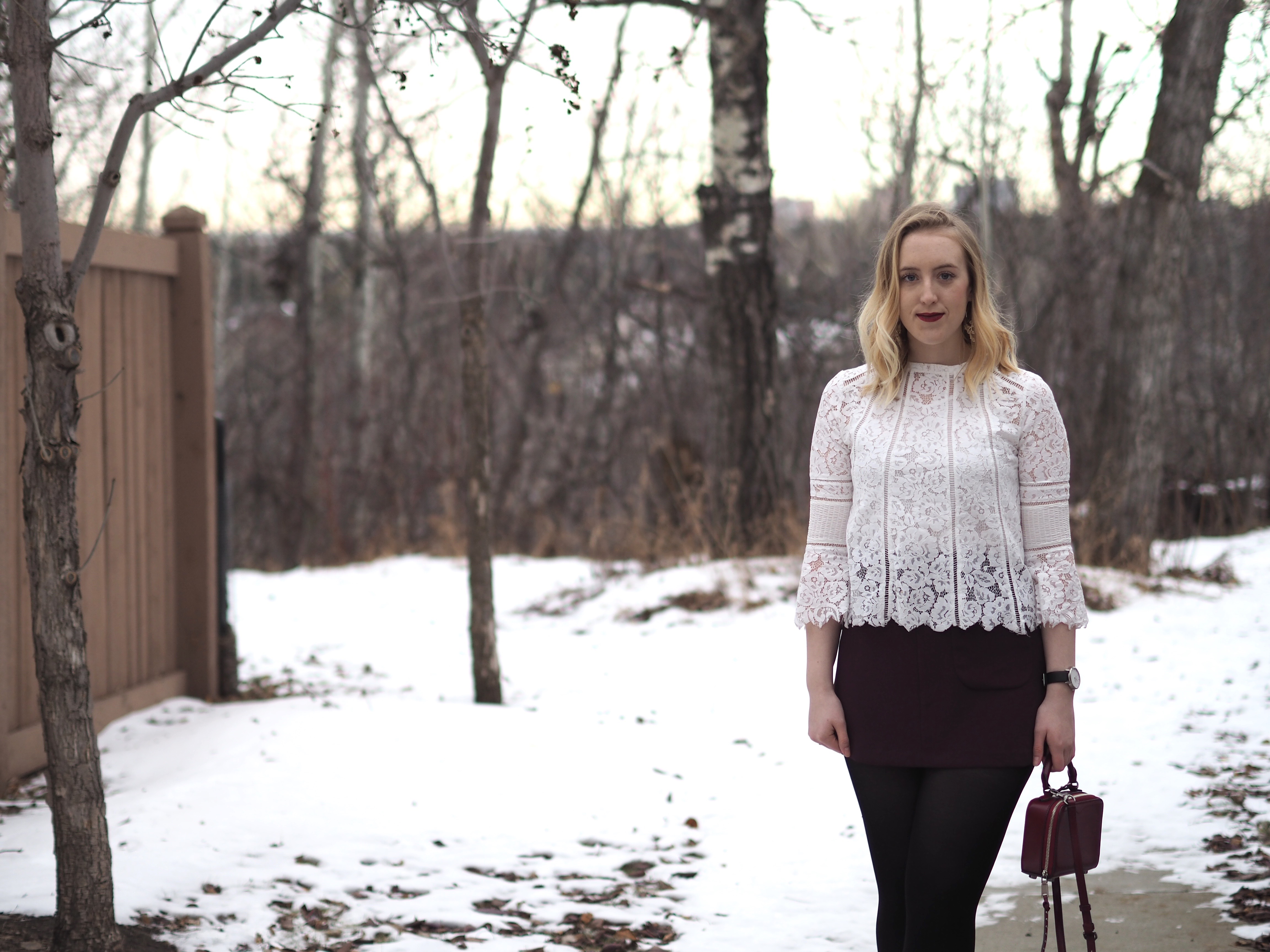 Lace Top with Dezzal - Strungingold {aritzia mini skirt, Rebecca Minkoff Purse, Joe Fresh tights, Kendall + Kylie Boots}