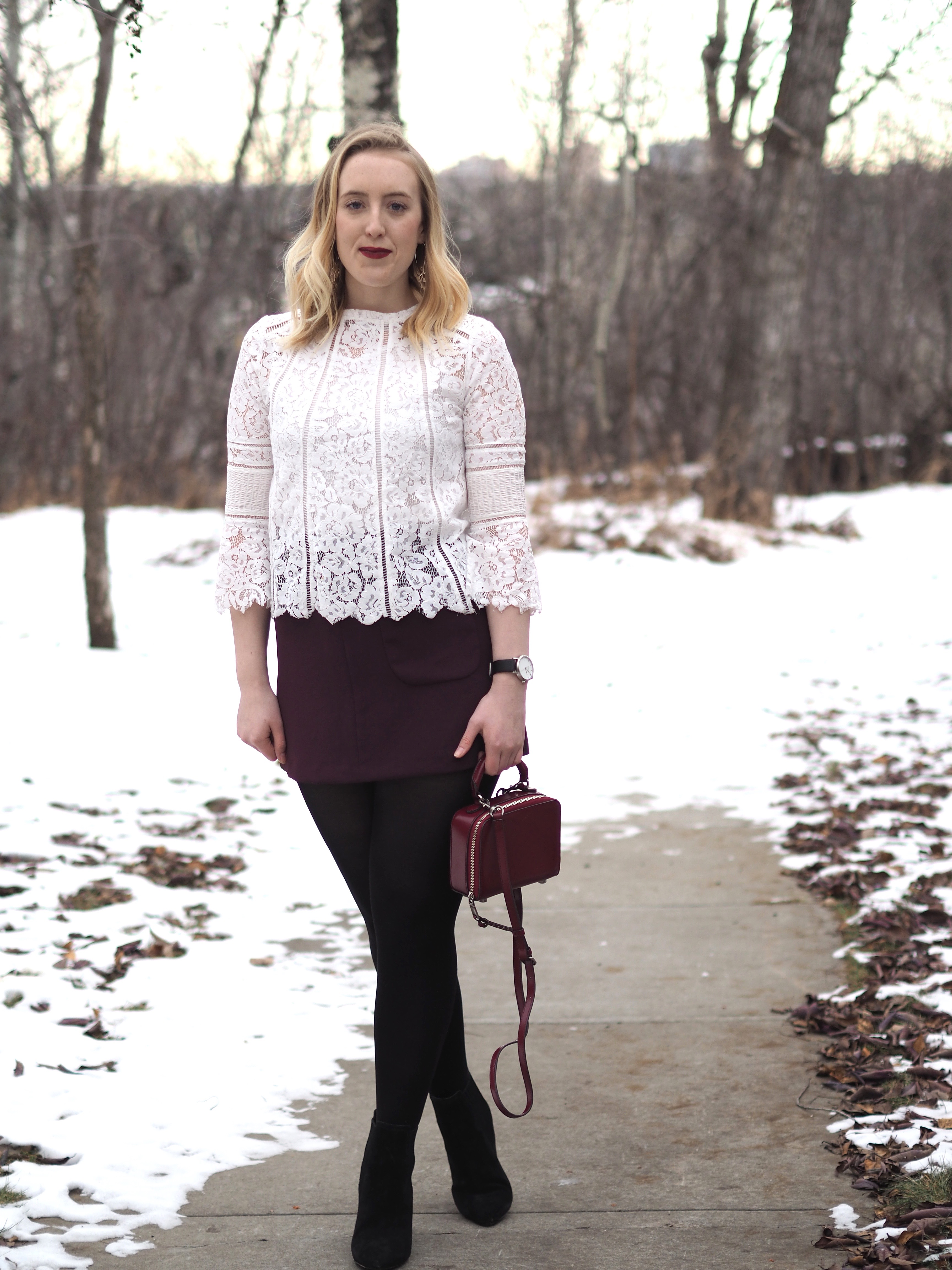 ace Top with Dezzal - Strungingold {aritzia mini skirt, Rebecca Minkoff Purse, Joe Fresh tights, Kendall + Kylie Boots}