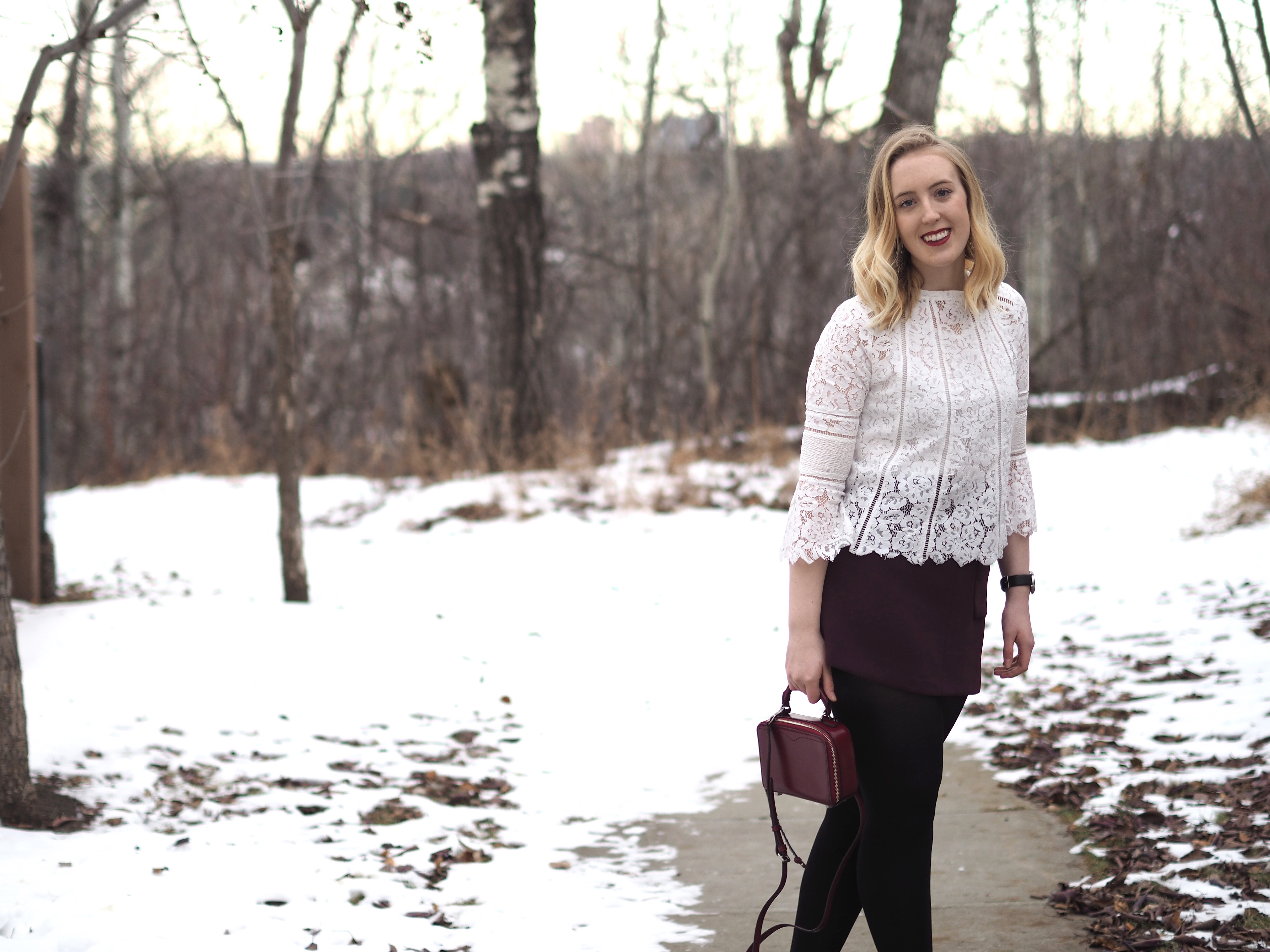 Lace Top with Dezzal - Strungingold {aritzia mini skirt, Rebecca Minkoff Purse, Joe Fresh tights, Kendall + Kylie Boots}