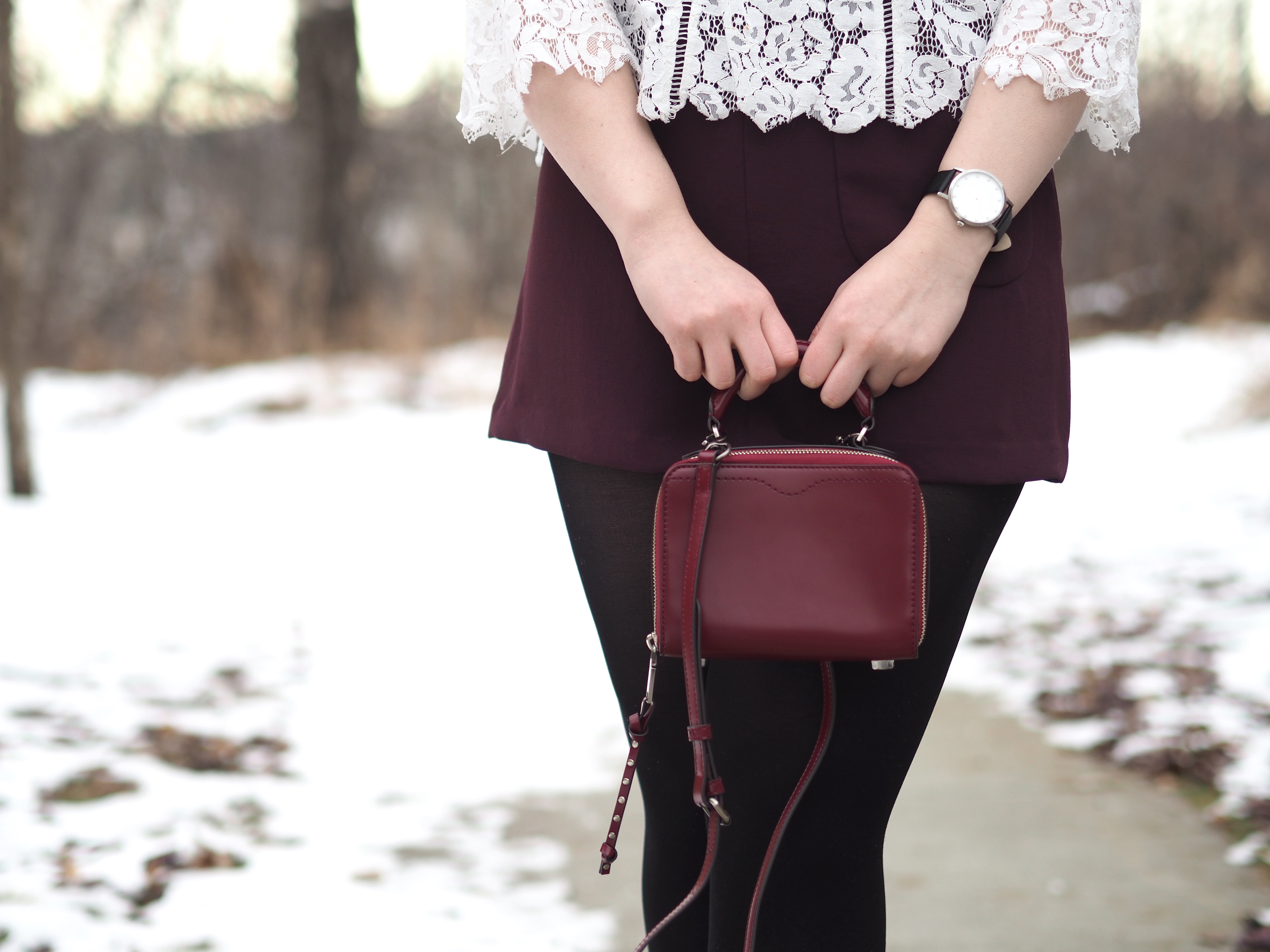 Lace Top with Dezzal - Strungingold {aritzia mini skirt, Rebecca Minkoff Purse, Joe Fresh tights, Kendall + Kylie Boots}