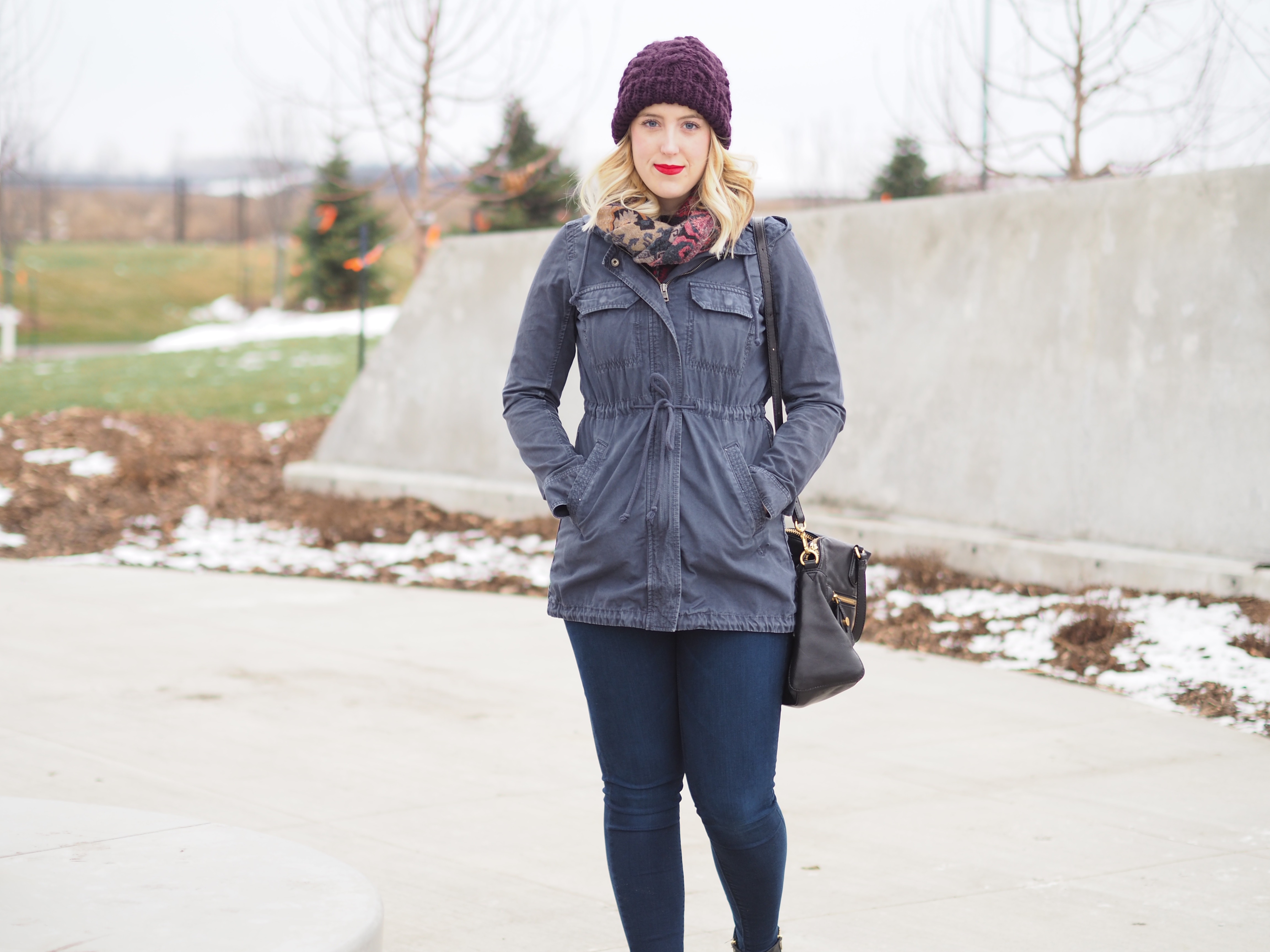 Cold Weather - Strungingold {American Eagle Jacket, Jeggings, Hat, Steve Madden Booties, MAC LIpstick in Ruby Woo}