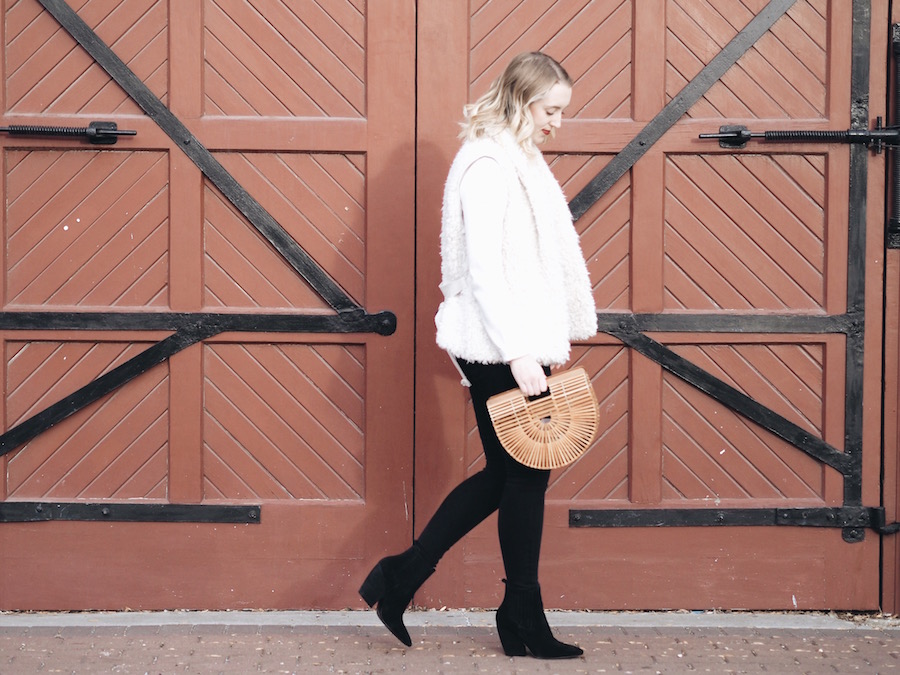 Bamboo Bag - Strungingold {Cult Gaia Bag, Aritzia Vest, American Eagle Jeggings, MAC Lipstick in Sin, Forever 21 Sweater, Kendall + Kylie Boots}