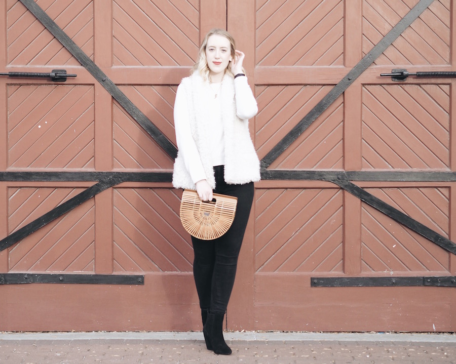 Bamboo Bag - Strungingold {Cult Gaia Bag, Aritzia Vest, American Eagle Jeggings, MAC Lipstick in Sin, Forever 21 Sweater, Kendall + Kylie Boots}