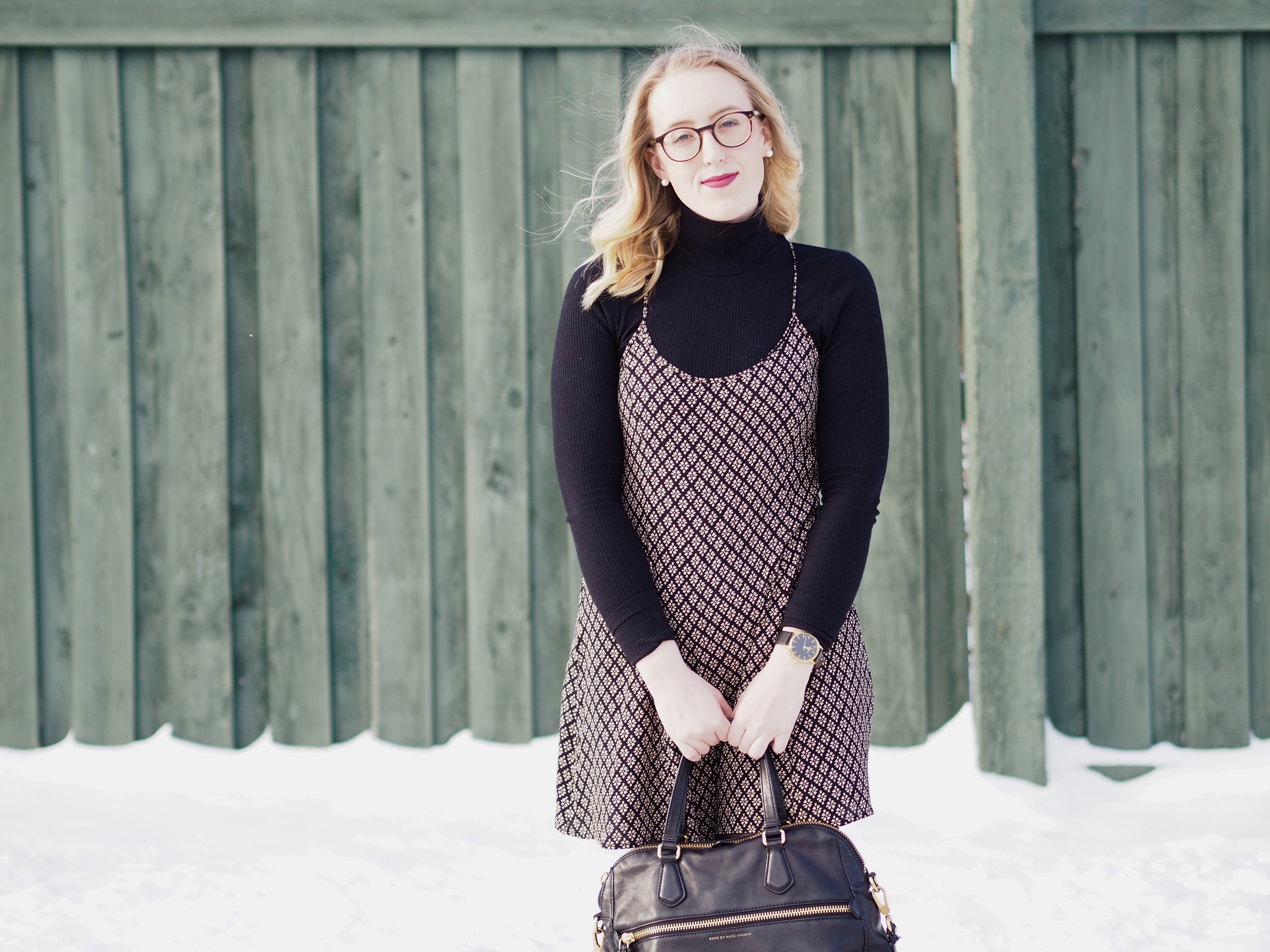 Slip Dress and Turtleneck - Strungingold {Aritzia Turtleneck, Forever 21 Dress, Joe Fresh Tights, Marc by Marc Jacobs Bag, Kendall + Kylie Boots, Smashbox Lipstick}