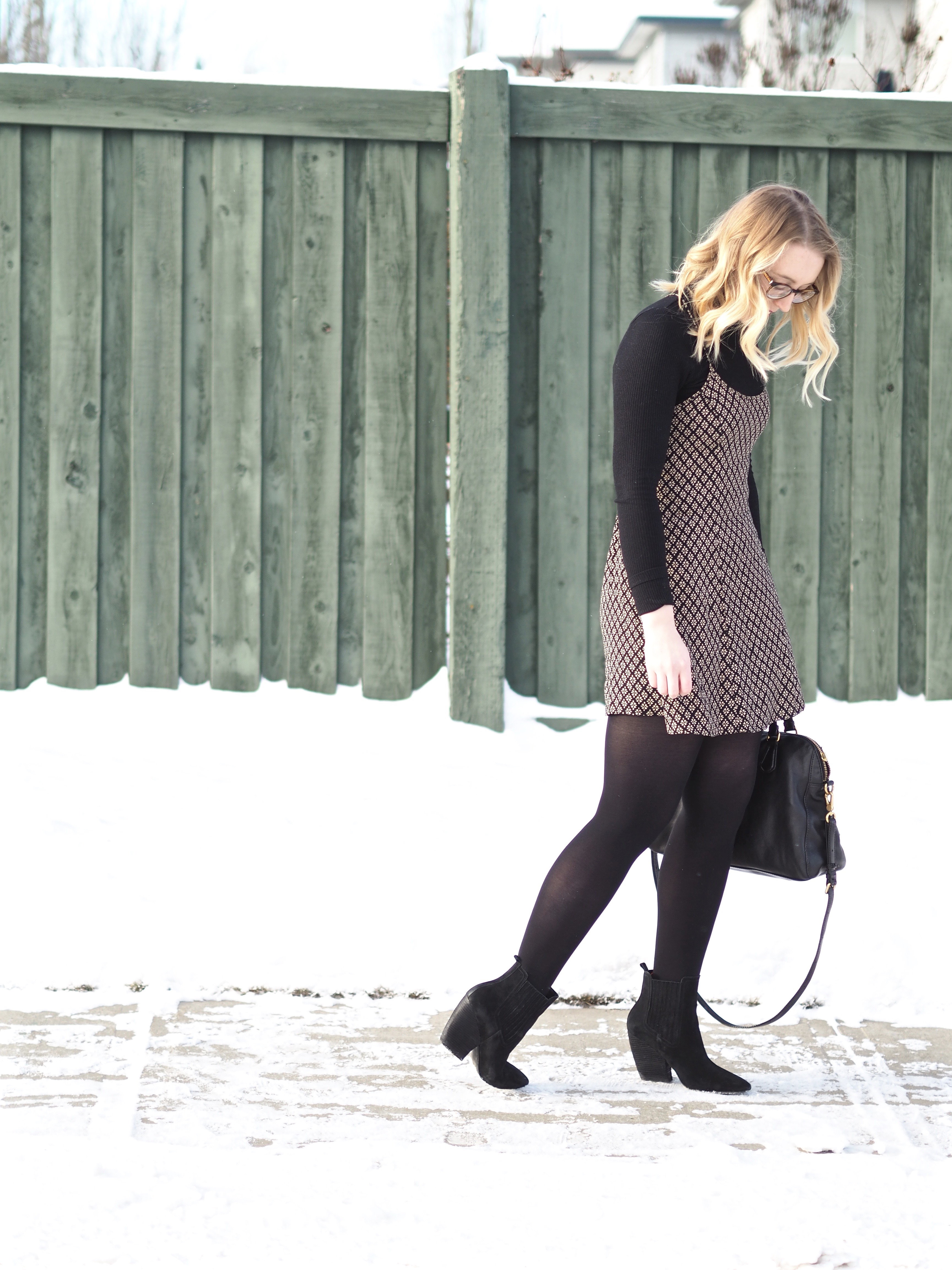 Slip Dress and Turtleneck - Strungingold {Aritzia Turtleneck, Forever 21 Dress, Joe Fresh Tights, Marc by Marc Jacobs Bag, Kendall + Kylie Boots, Smashbox Lipstick}