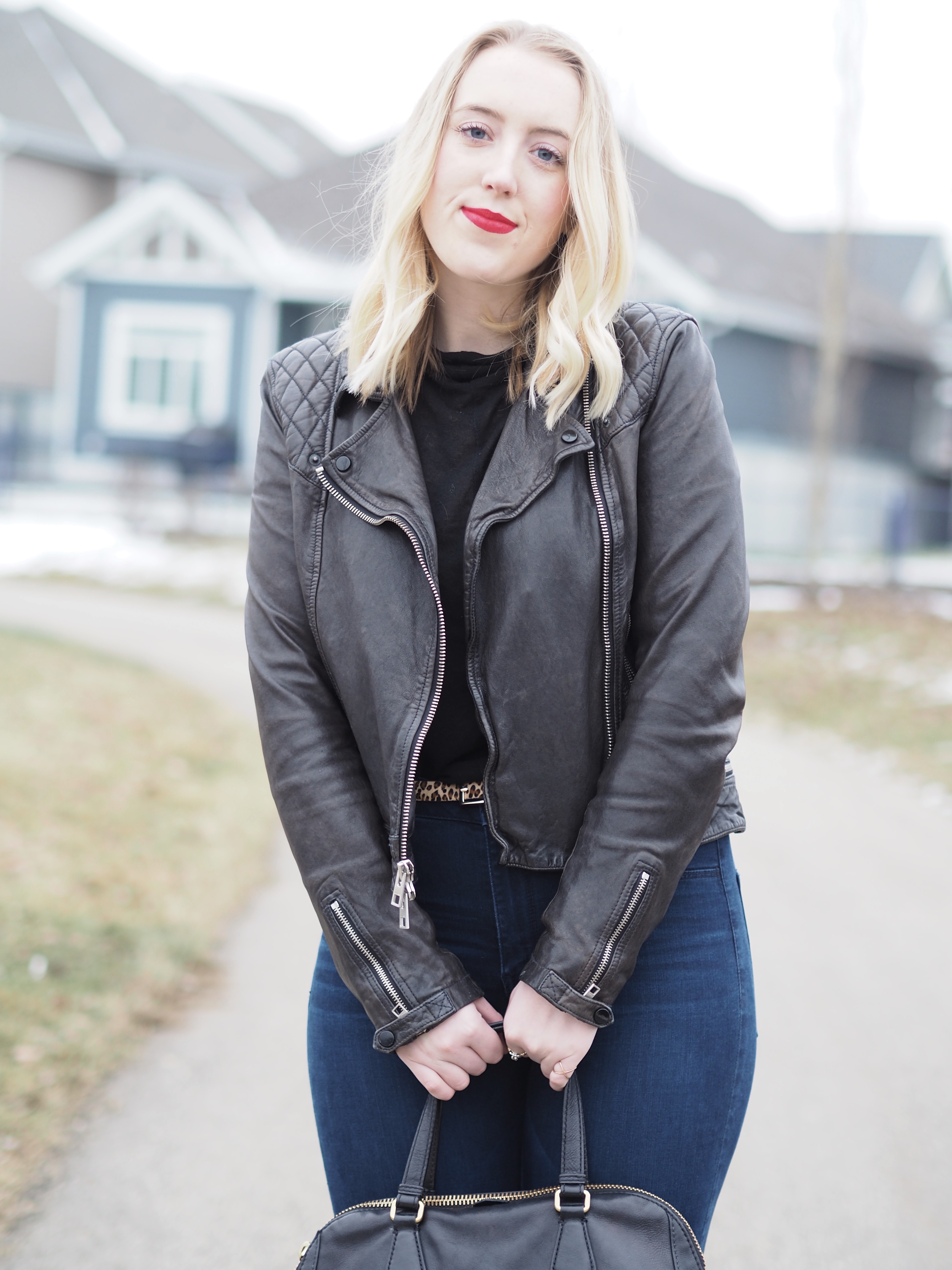 Leopard Belt - Strungingold {Topshop belt, American Eagle Jeans, All Saints Leather Jacket, Aritzia Turtleneck, Marc Jacobs Bag}